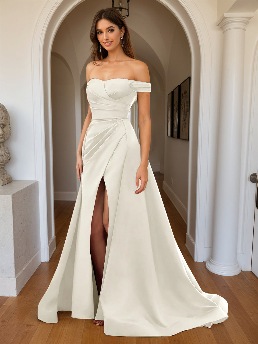 Cicinia Ivory Prom Dresses Soft Satin Off The Shoulder Sheath/Column Long Party Dress