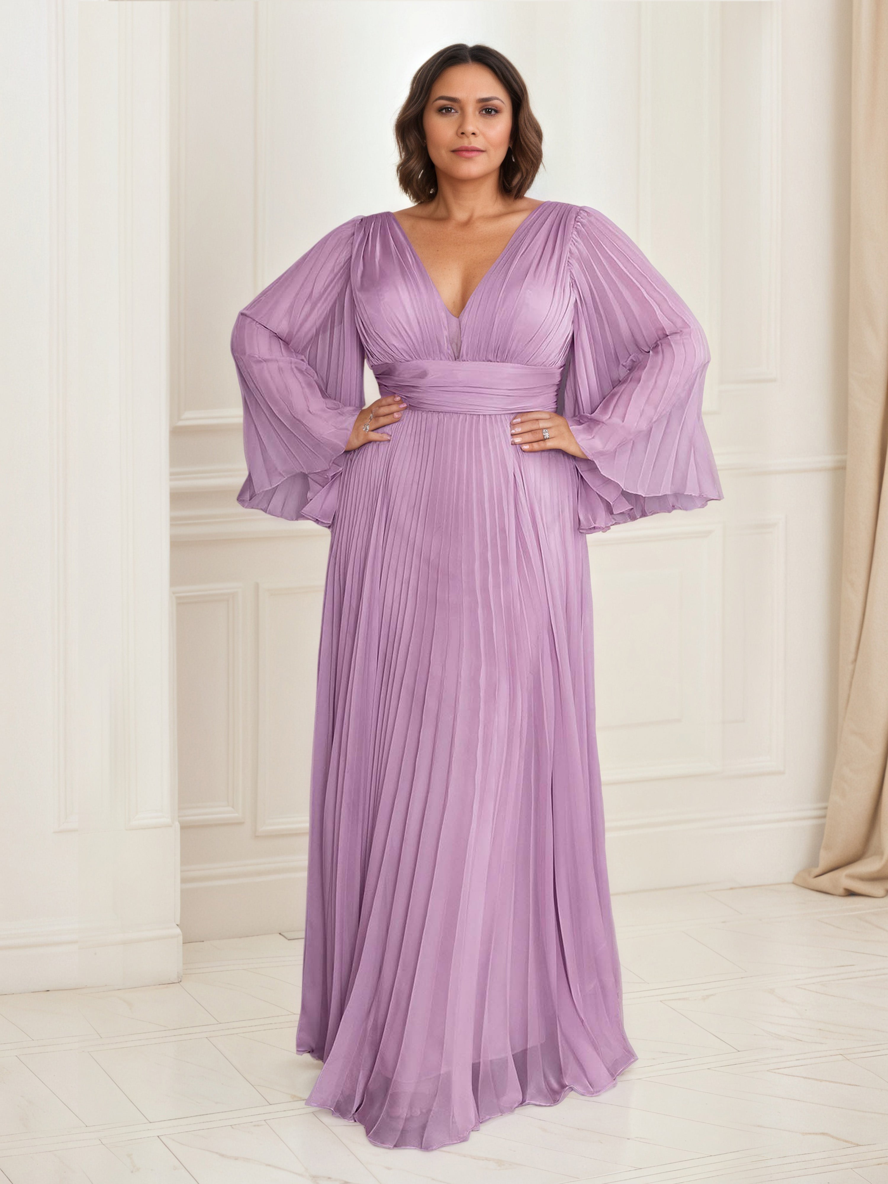 Chiffon Lilac Prom Dress Pleated Long Sleeves A-Line Prom Dress