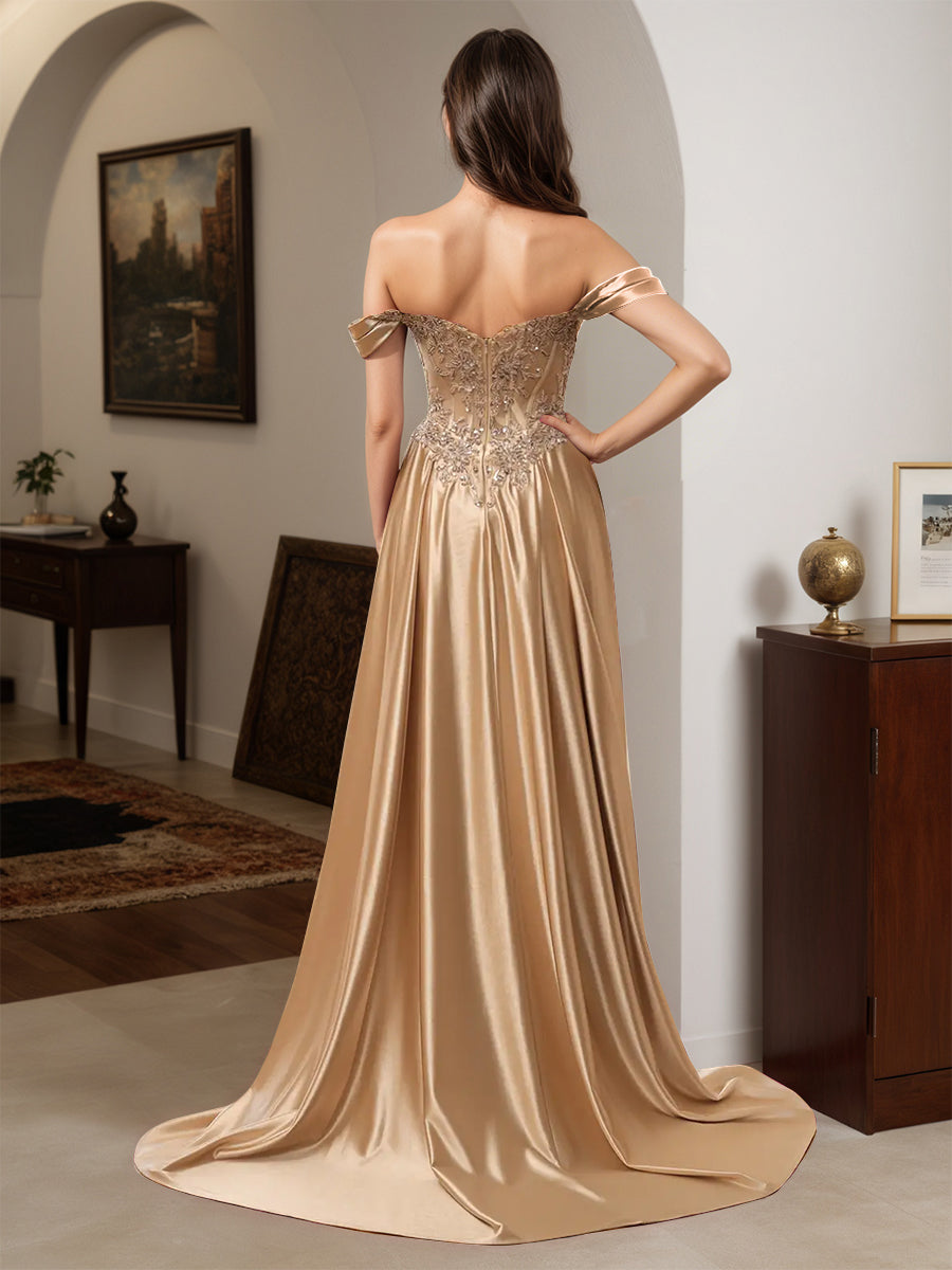 Cicinia Champagne Prom Dresses Appliques Lace Off The Shoulder Sheath Dress wiith Sweep Train