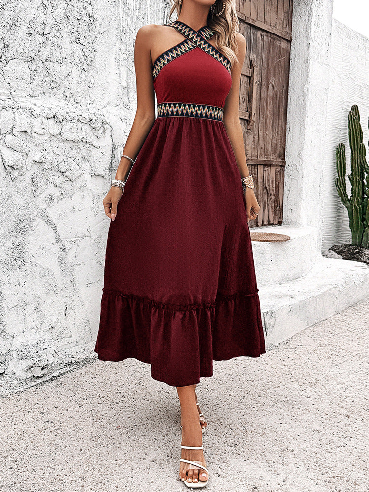 Boho Halter Sleeveless Burgundy Wedding Guest Dress with Split