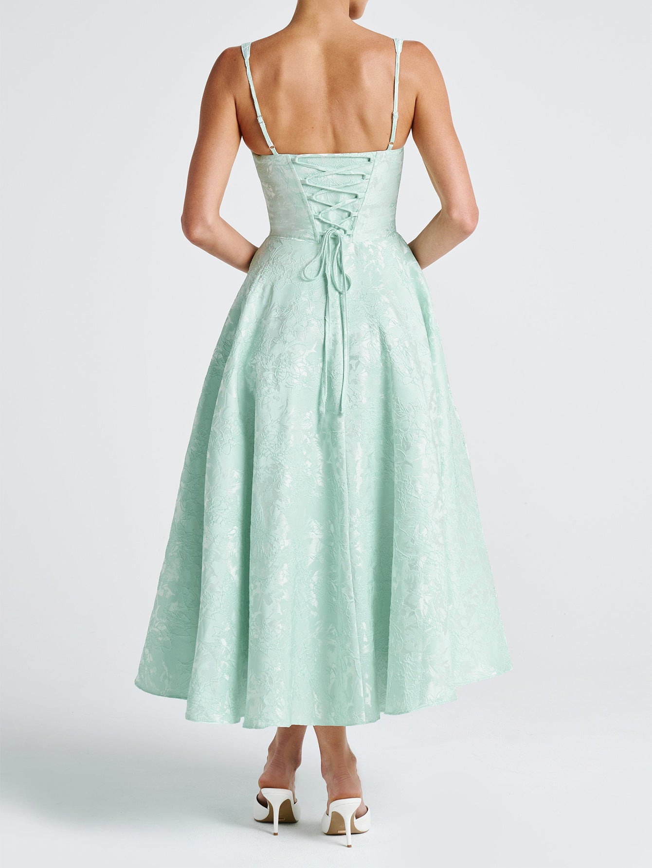 Elegant Straps Illusion Neckline Mint Green Floral Wedding Guest Dress