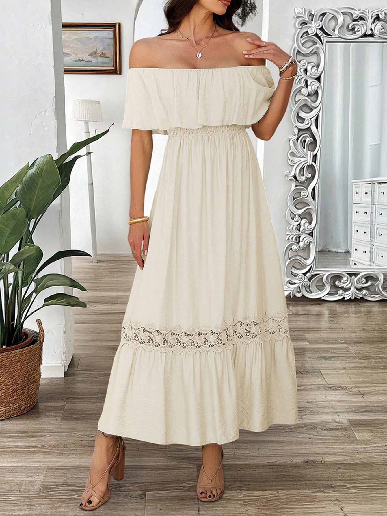 One Shoulder Short Sleeves Apricot Ruffle Bodice Wedding Guest Dress