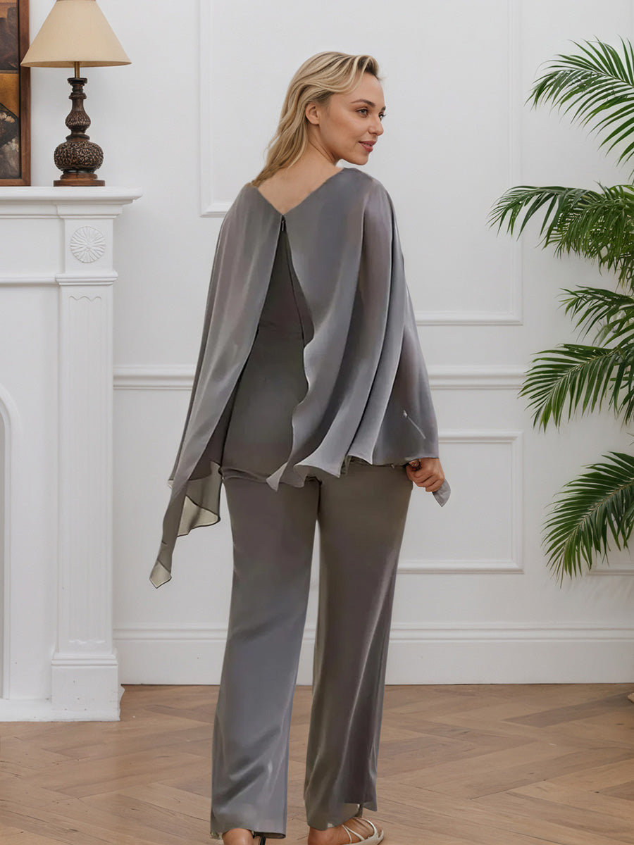 Cicinia Grey 2 Piece Mother Of The Bride Pants Suits Chiffon Beading V-Neck Long Sleeves