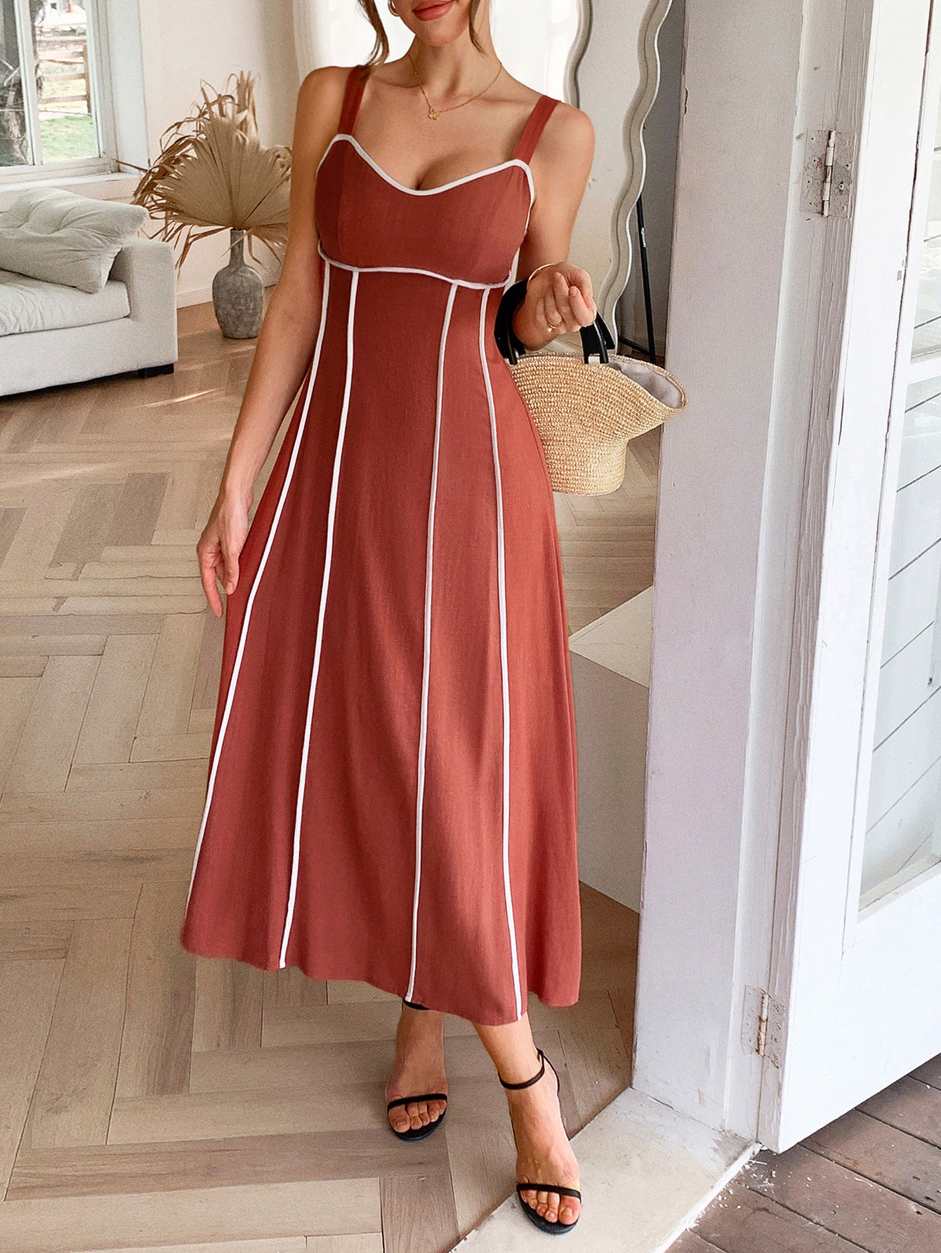 Elegant Straps Sleeveless Ankle length Square Neckline Rust Wedding Guest Dress