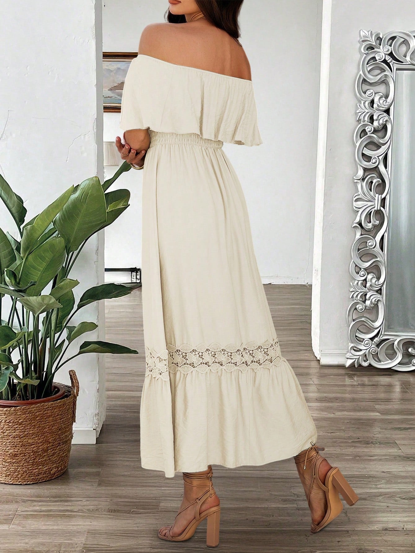 One Shoulder Short Sleeves Apricot Ruffle Bodice Wedding Guest Dress