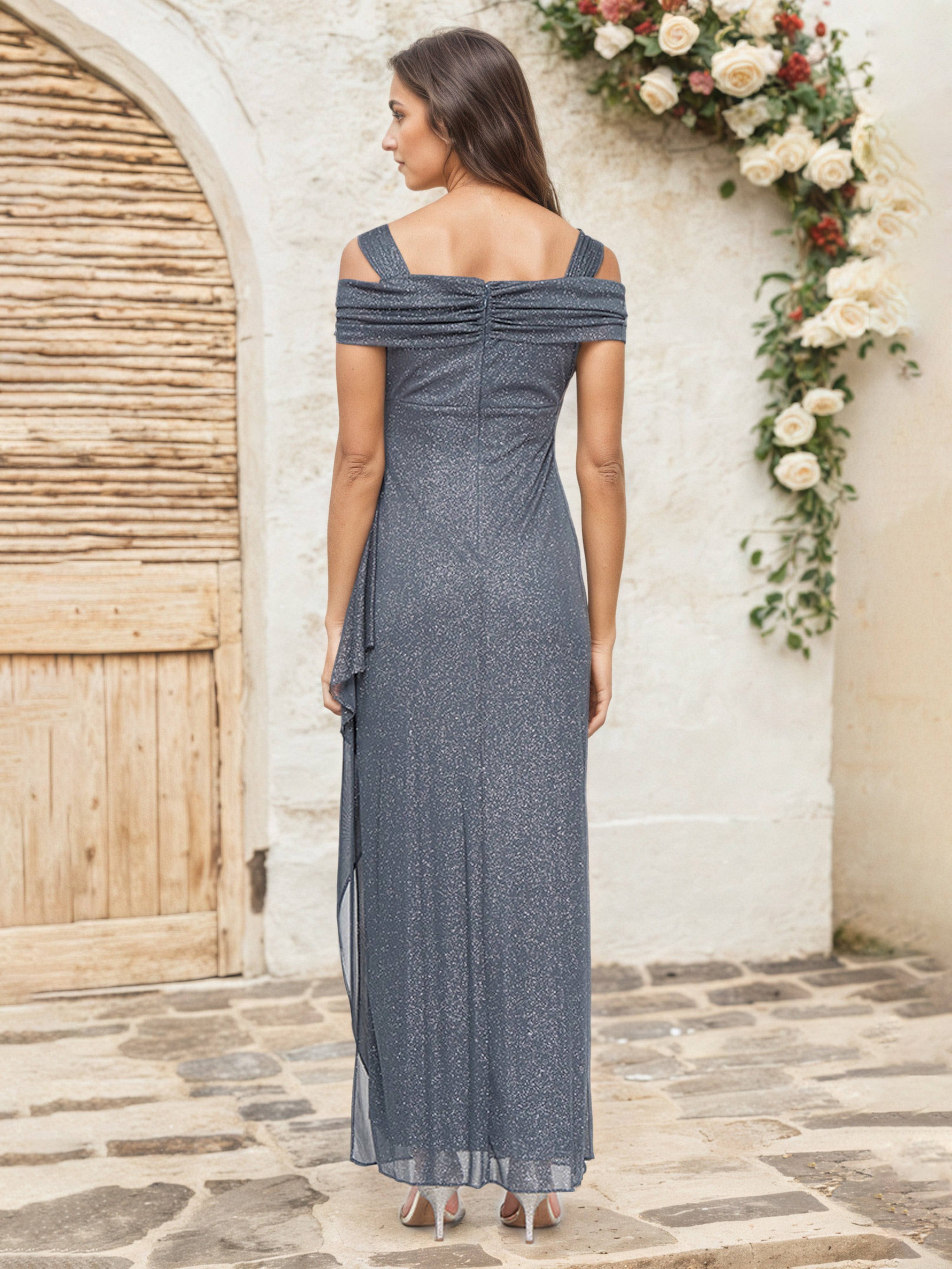 Square Neckline Off The Shoulder Sheath/Column Sleeveless Pleats Grey Mother Of The Bride Dress