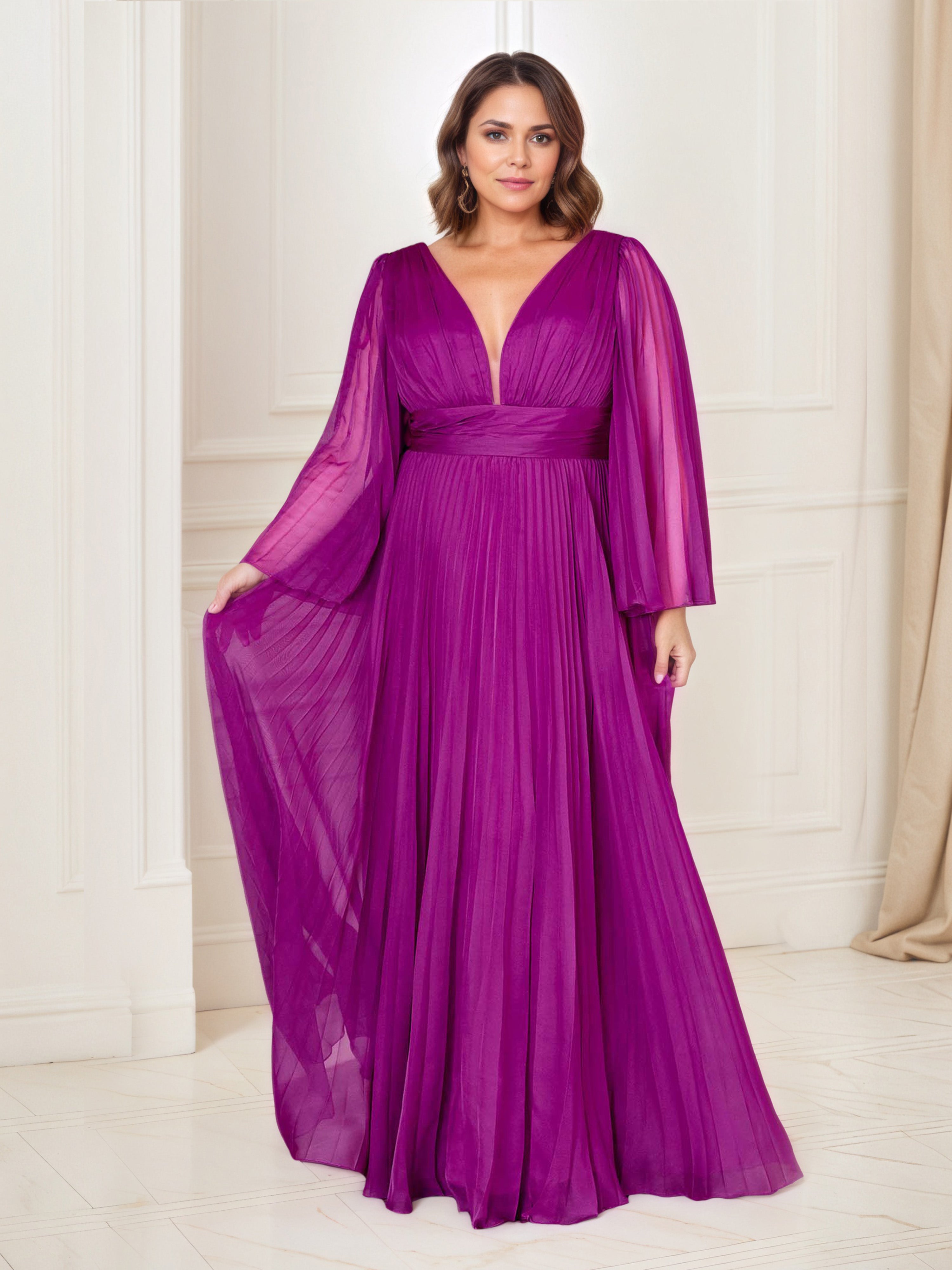 Chiffon Orchid Prom Pleated Long Sleeves A-Line Prom Dress