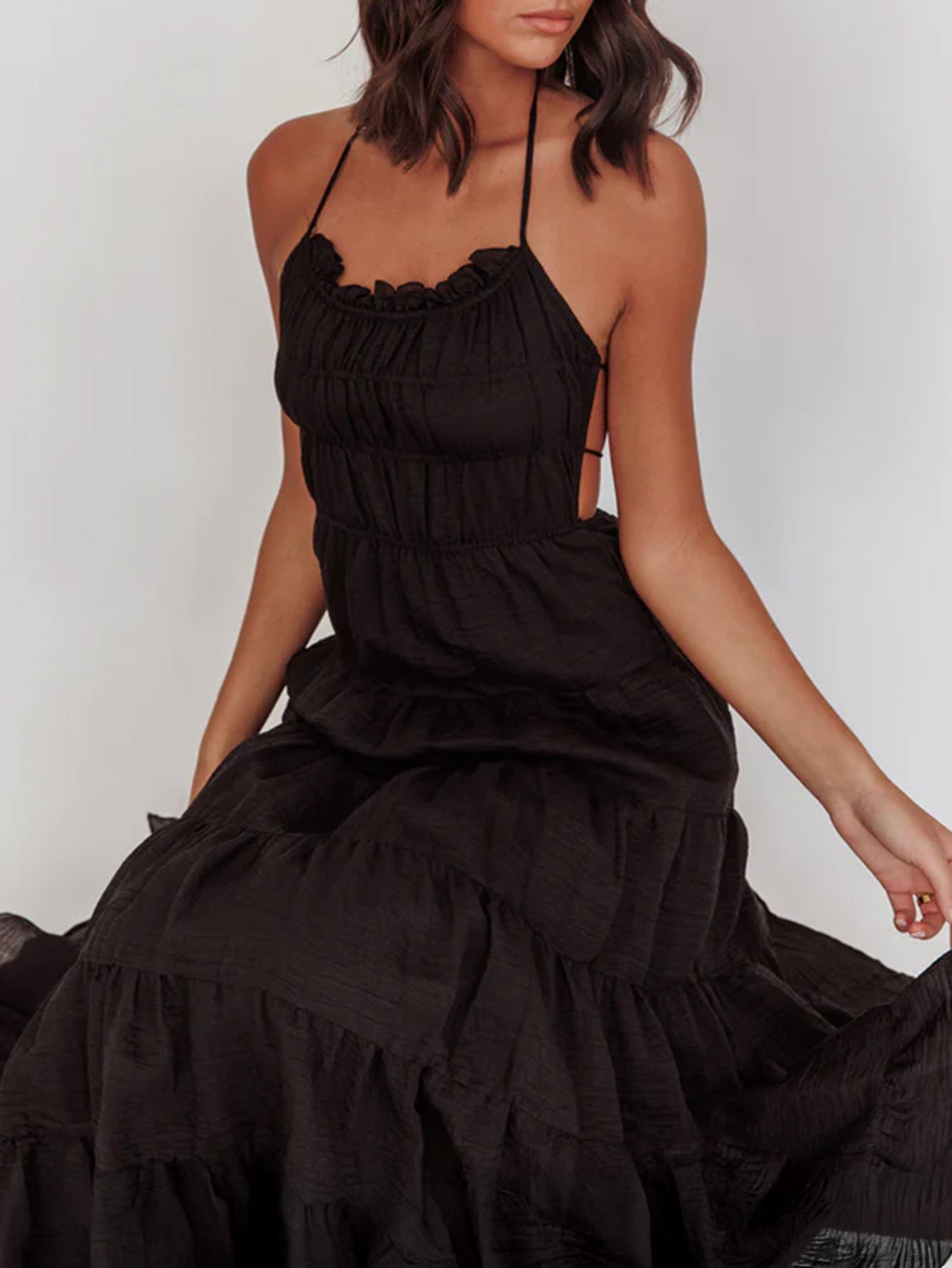 Halter Black Sleeveless Ankle length Wedding Guest Dress with Open Back