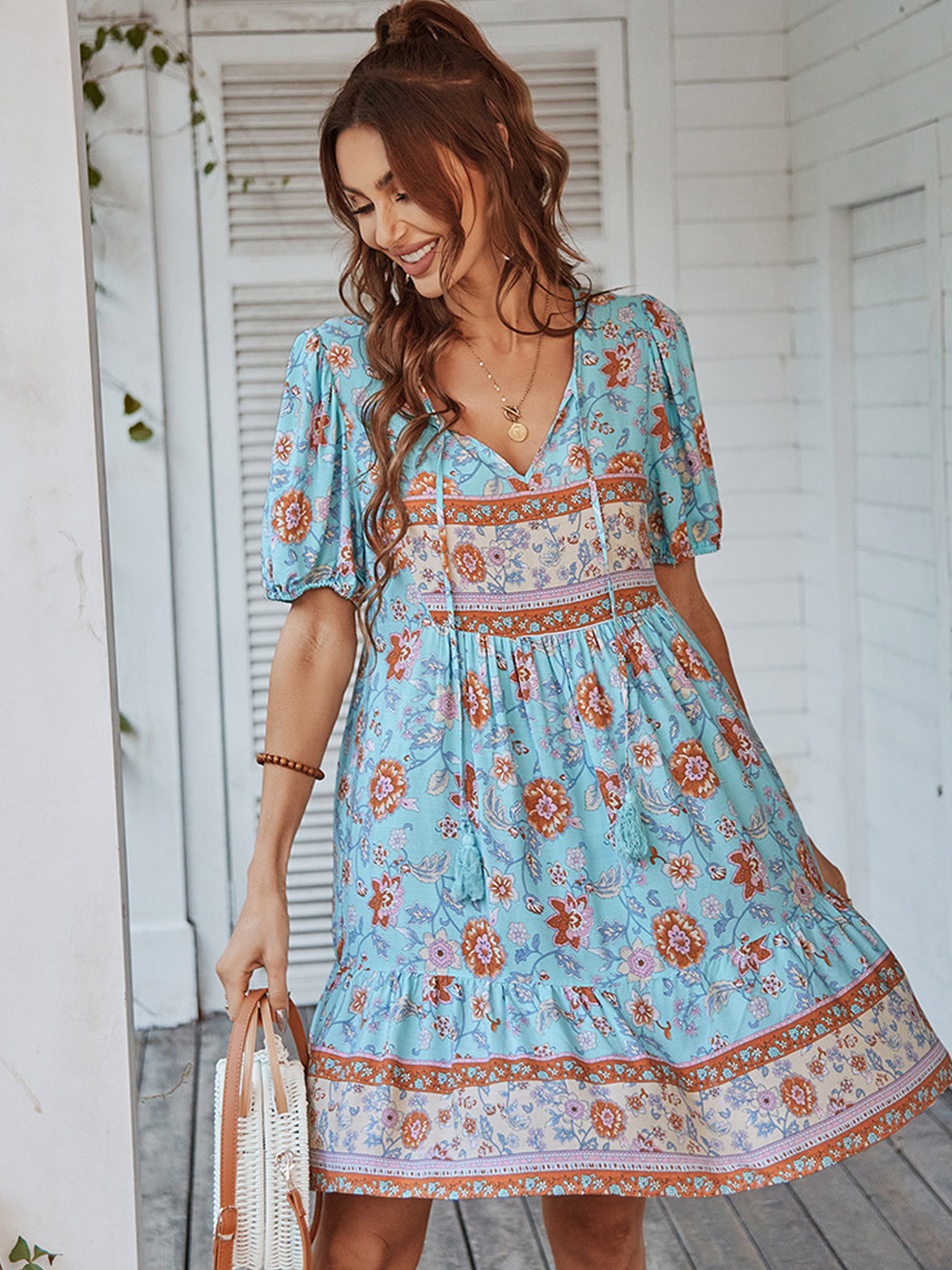 Sky Blue V Neck Casual Boho Short Sleeves Wedding Guest Dress