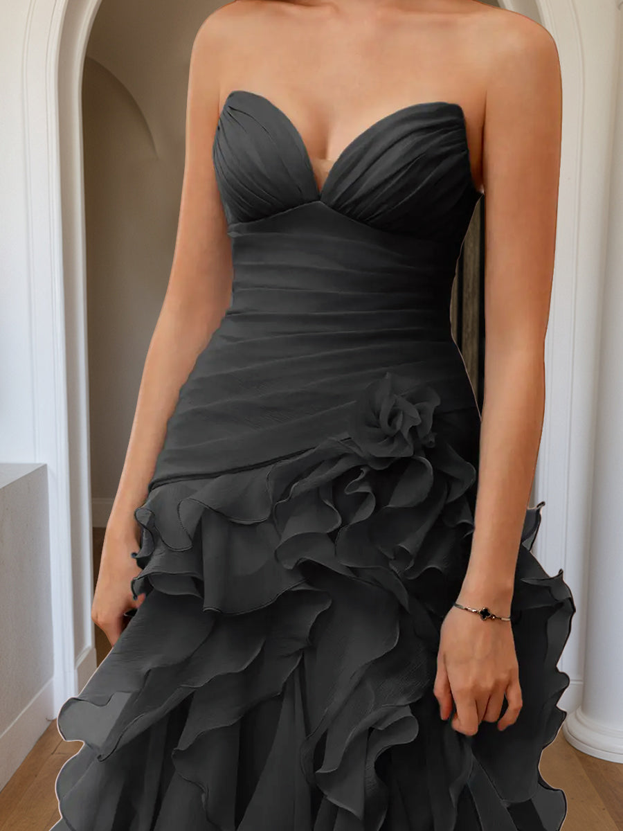 Cicinia Black Prom Dresses Sheath Slit Strapless Sleeveless Layers Ruffles Side Gowns