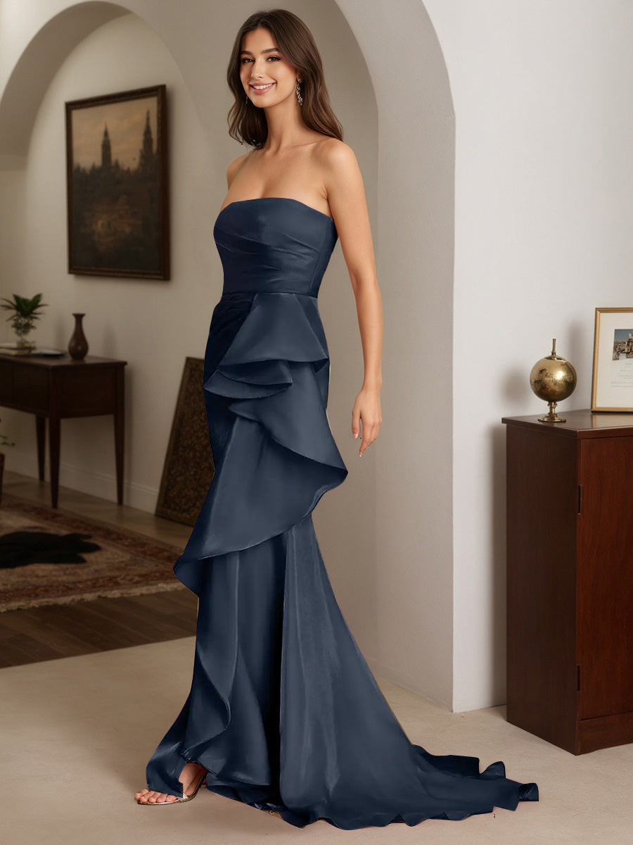 Cicinia Dark Navy Prom Dresses Strapless Sheath Slit Party Dress with Sweep Train