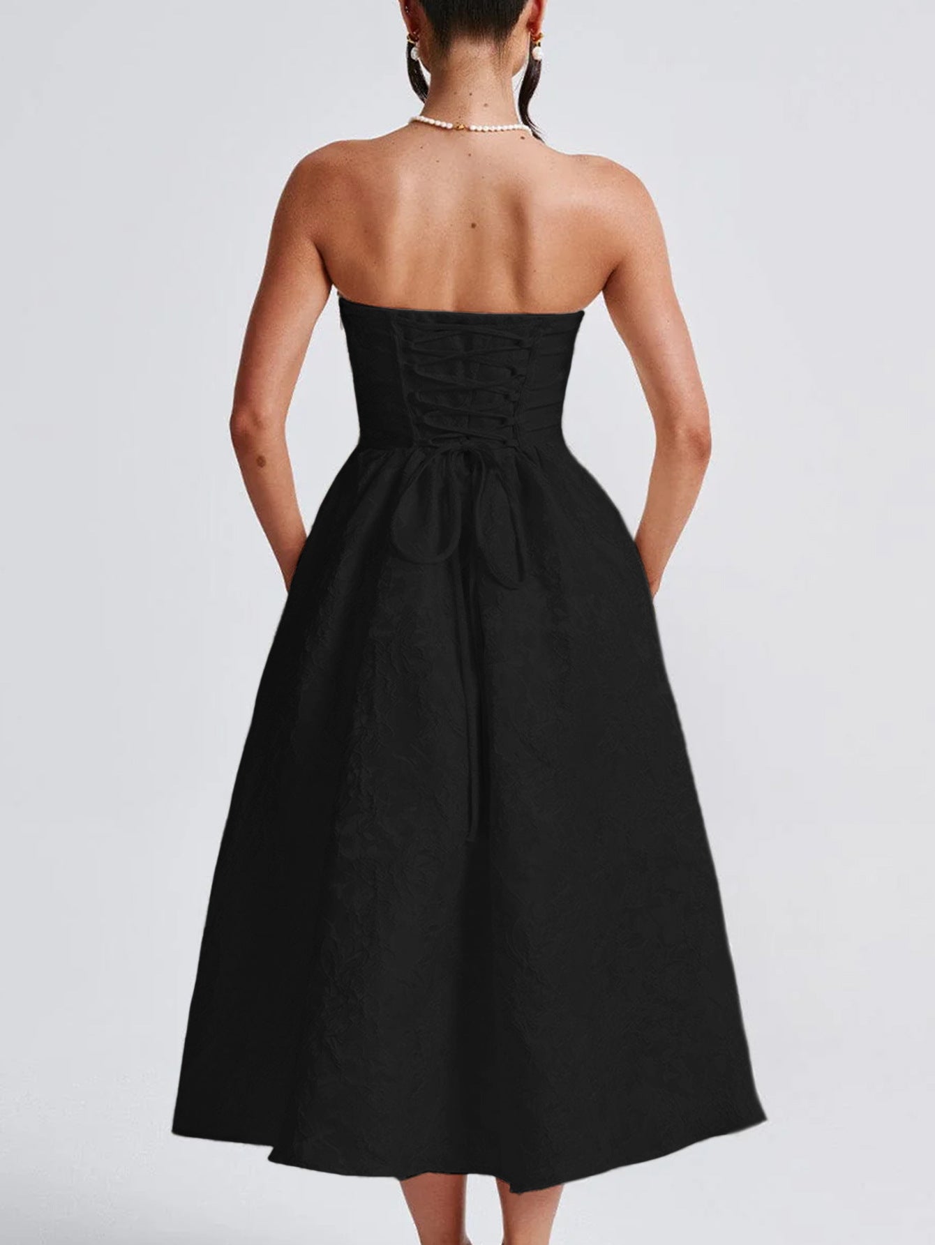 Empire Waist Strapless Printed Floral Black Wedding Guest Dress