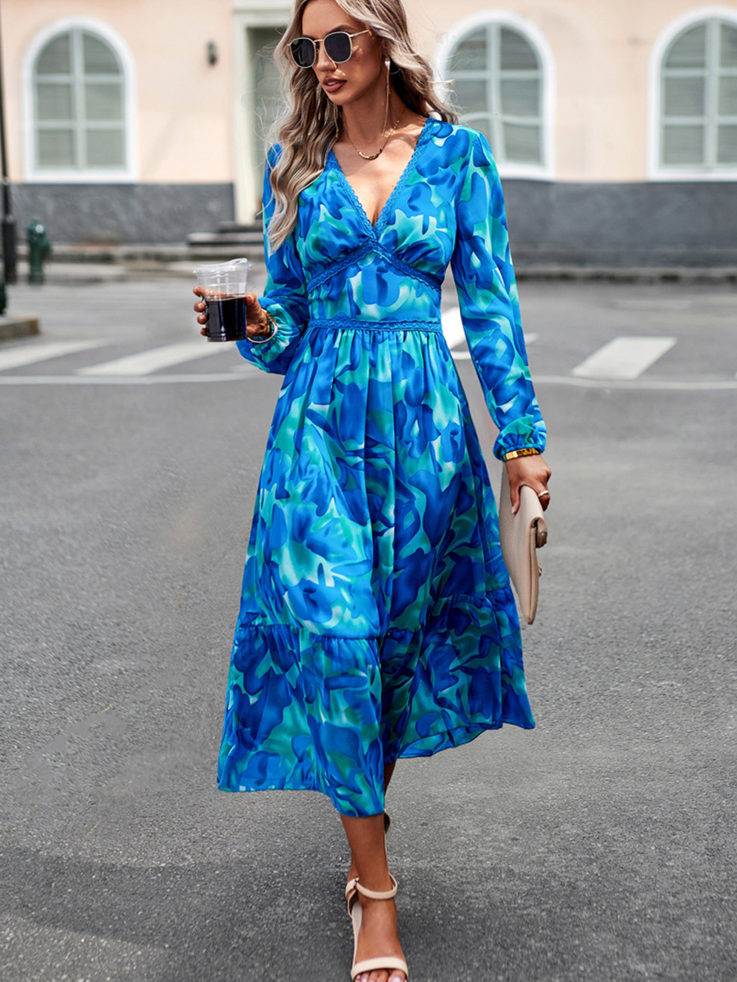 Elegant A Line V Neck Long Sleeves Floral Blue Wedding Guest Dress