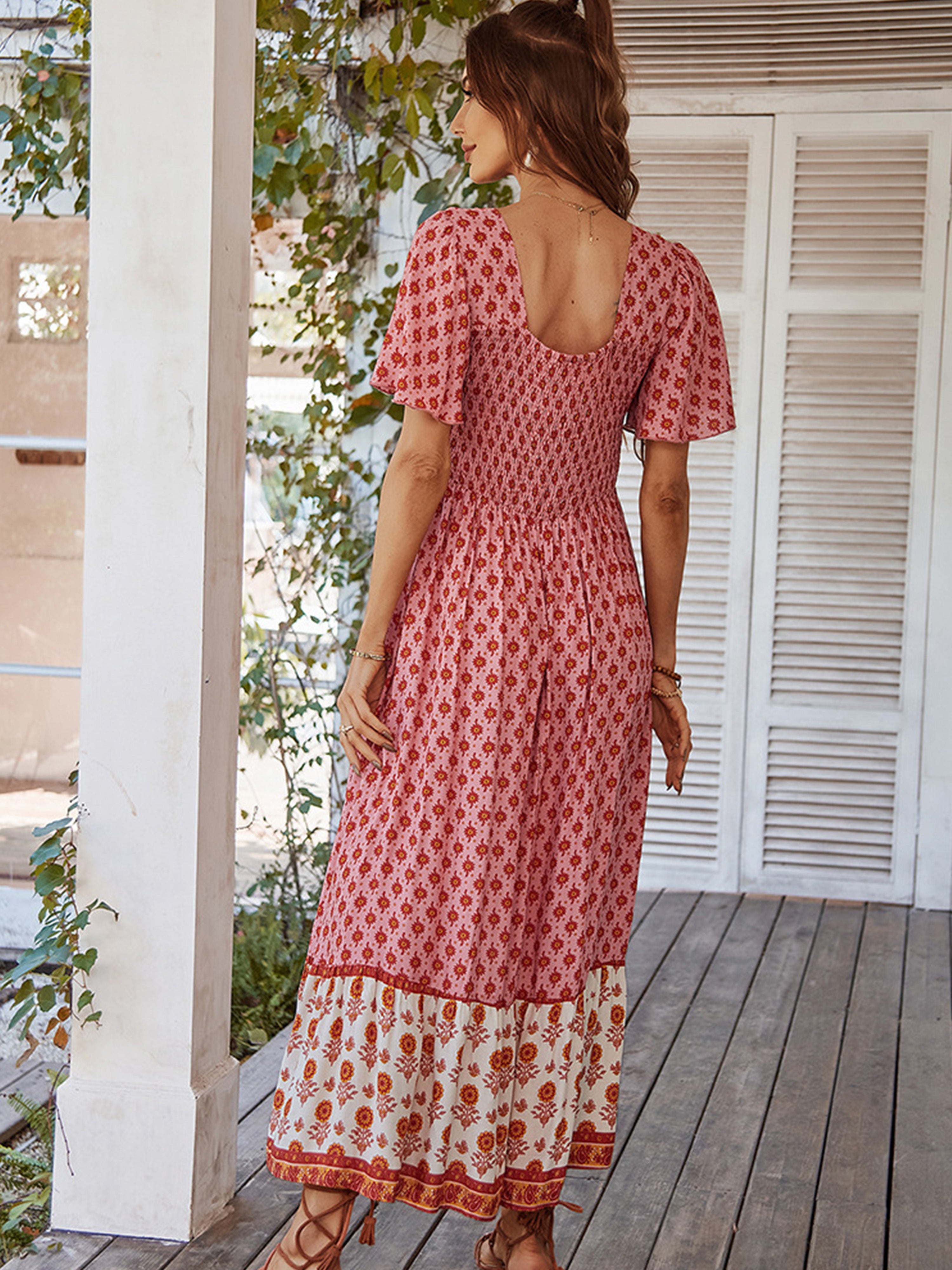 Pink Floral Square Neckline Short Sleeves Pink Ankle Length Wedding Guest Dress