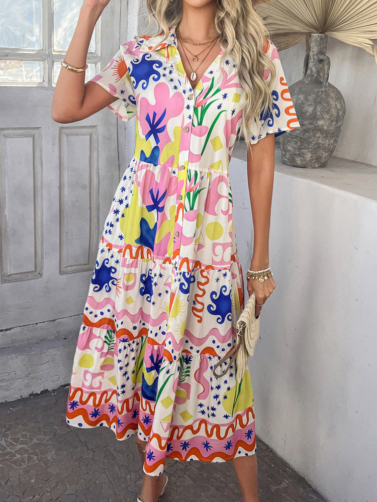 Boho White Ankle Length V-Neck Printed Floral Color Clashing Wedding Guest Dress