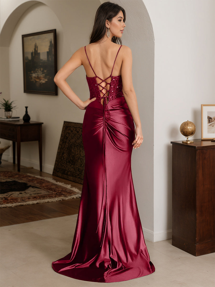 Cicinia Burgundy Prom Dresses Stretch Satin Spaghetti Straps Trumpet Square Neckline Sweep Train Gowns