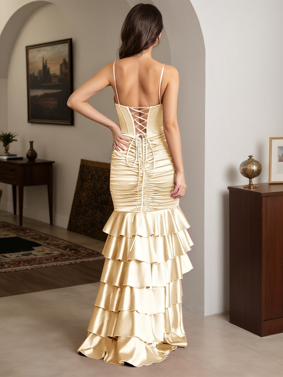 Cicinia Champagne Prom Dresses Stretch Satin Trumpet/Mermaid Layers Spaghetti Straps Gowns