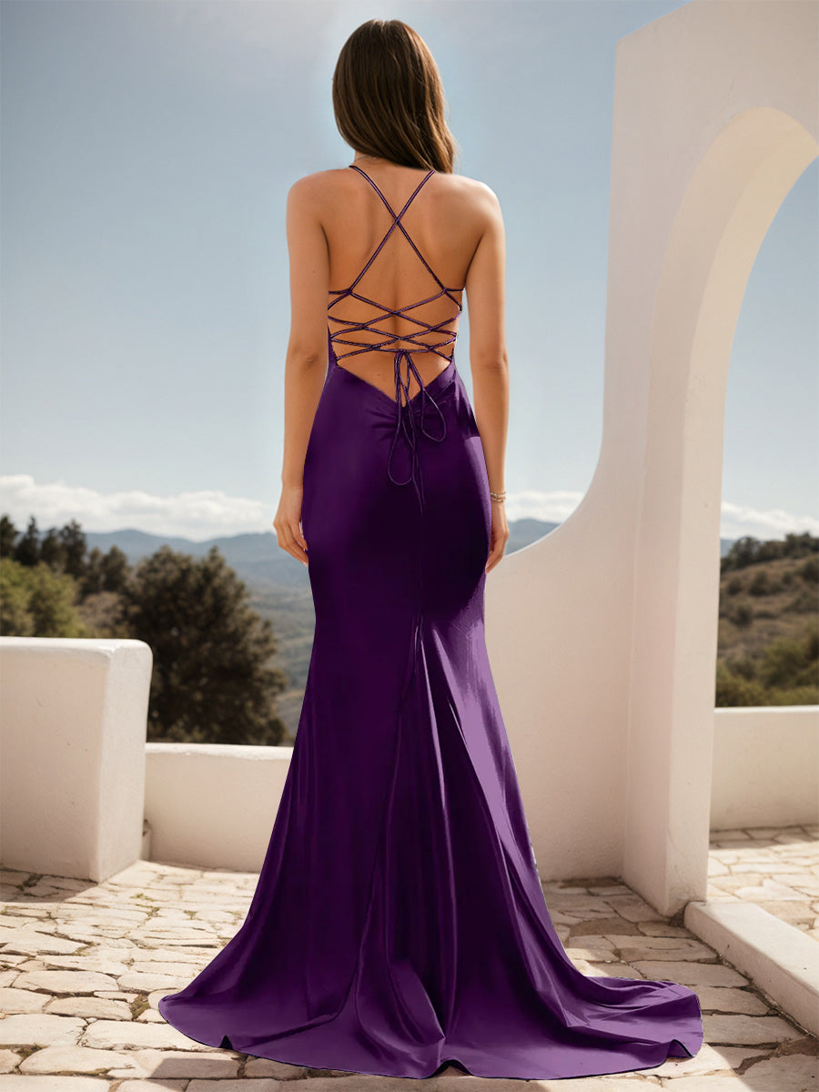 Cicinia Grape Prom Dresses Stretch Fabric Backless Trumpet/Mermaid Spaghetti Straps Sweep Train Prom