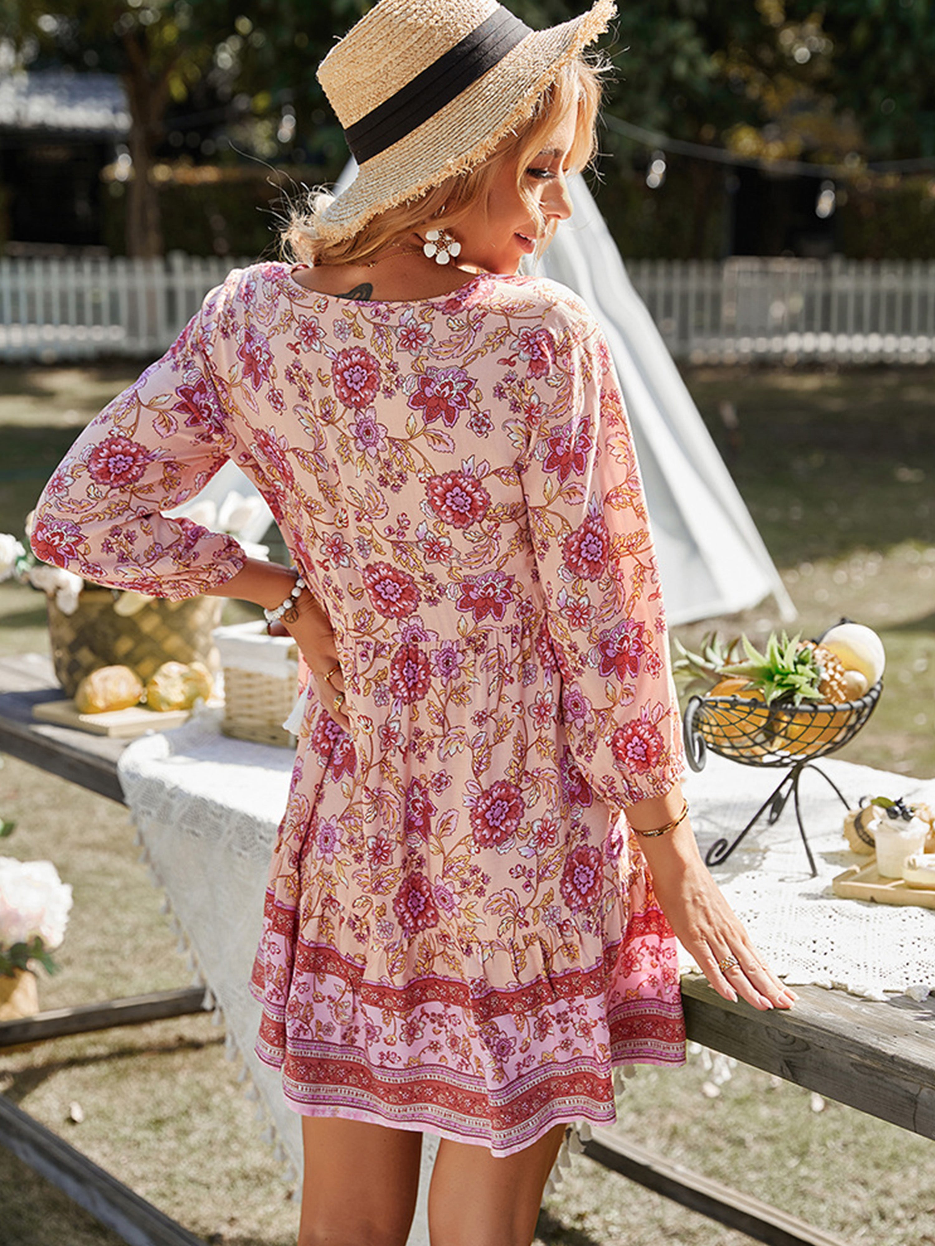 Boho Floral V Neck Long Sleeves Pink Short Wedding Guest Dress