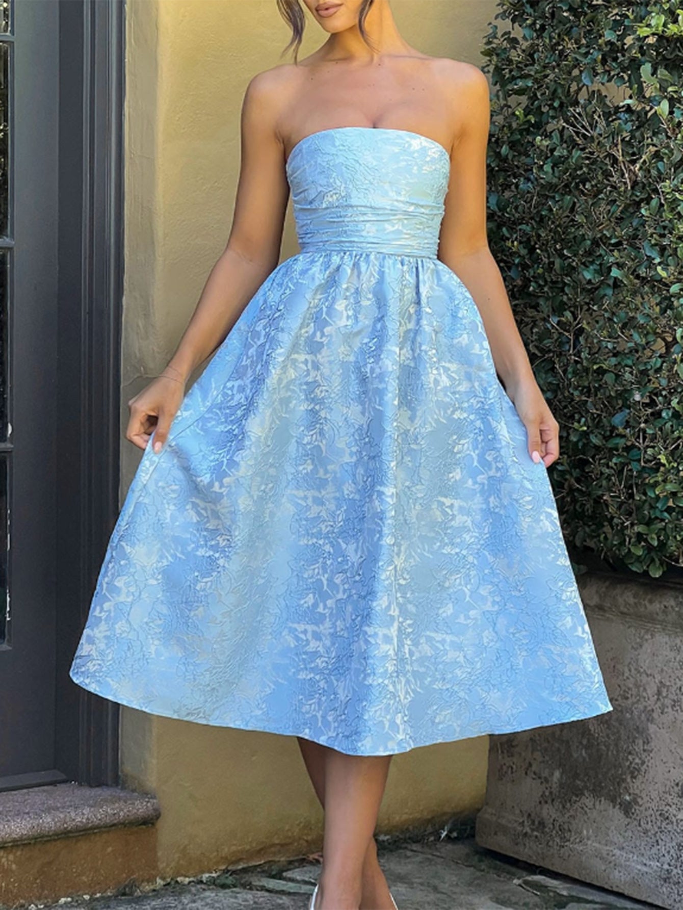 Empire Waist Strapless Printed Floral Sky Blue Wedding Guest Dress Empire Waist Strapless Printed Floral Sky Blue Wedding Guest Dress