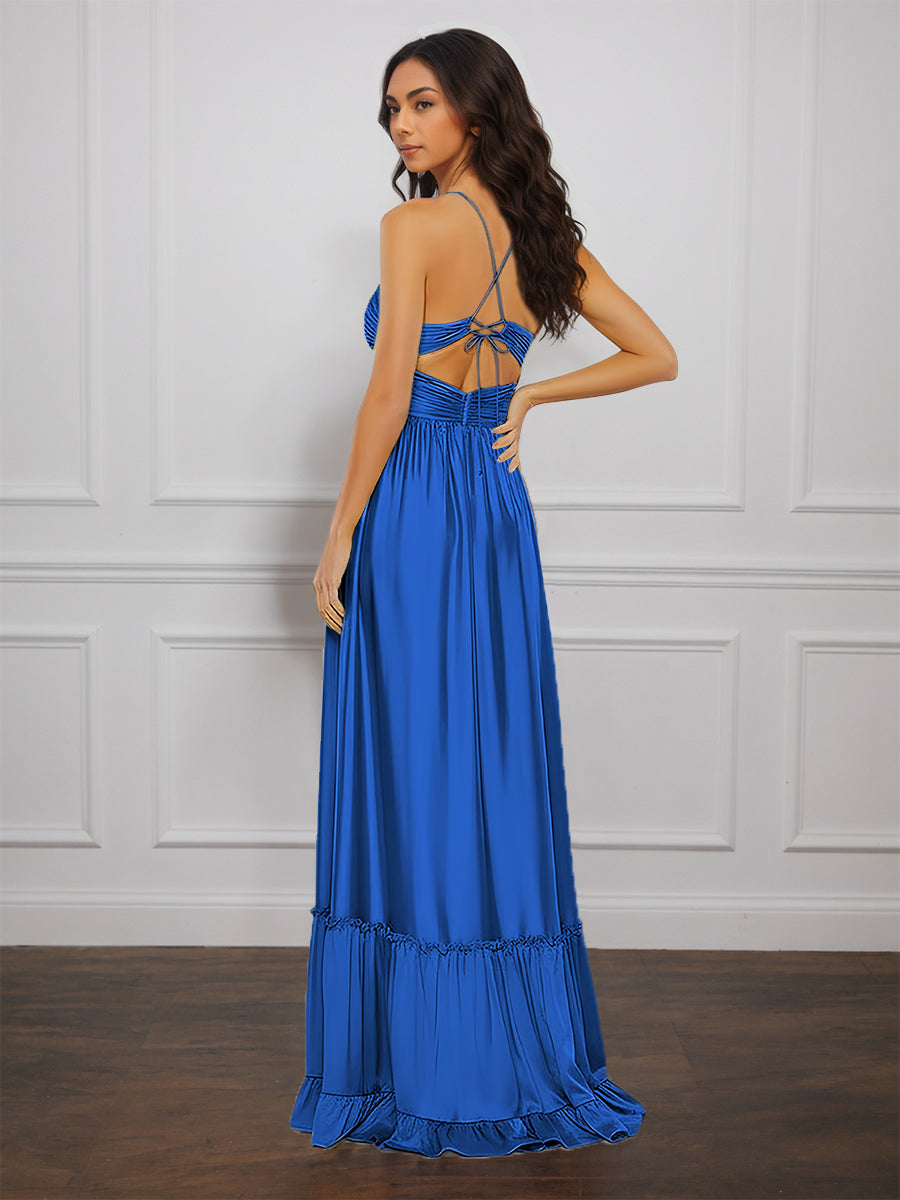 Cicinia Royal Blue Prom Dress with Spaghetti Straps Ruched Soft Satin A-Line Formal Evening Gowns