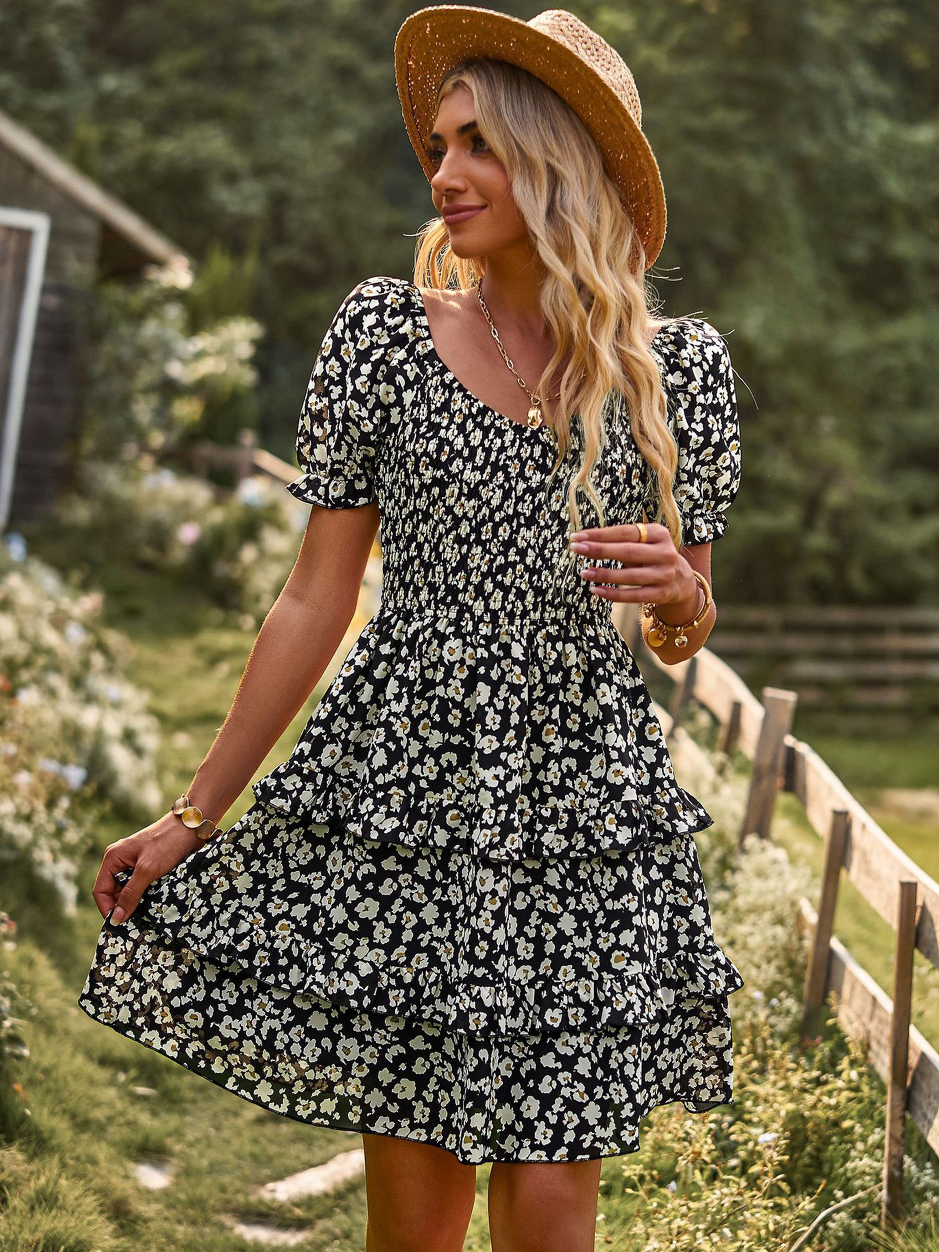 Black Floral Off The Shoulder Short Sleeves Layers Wedding Guest Dress