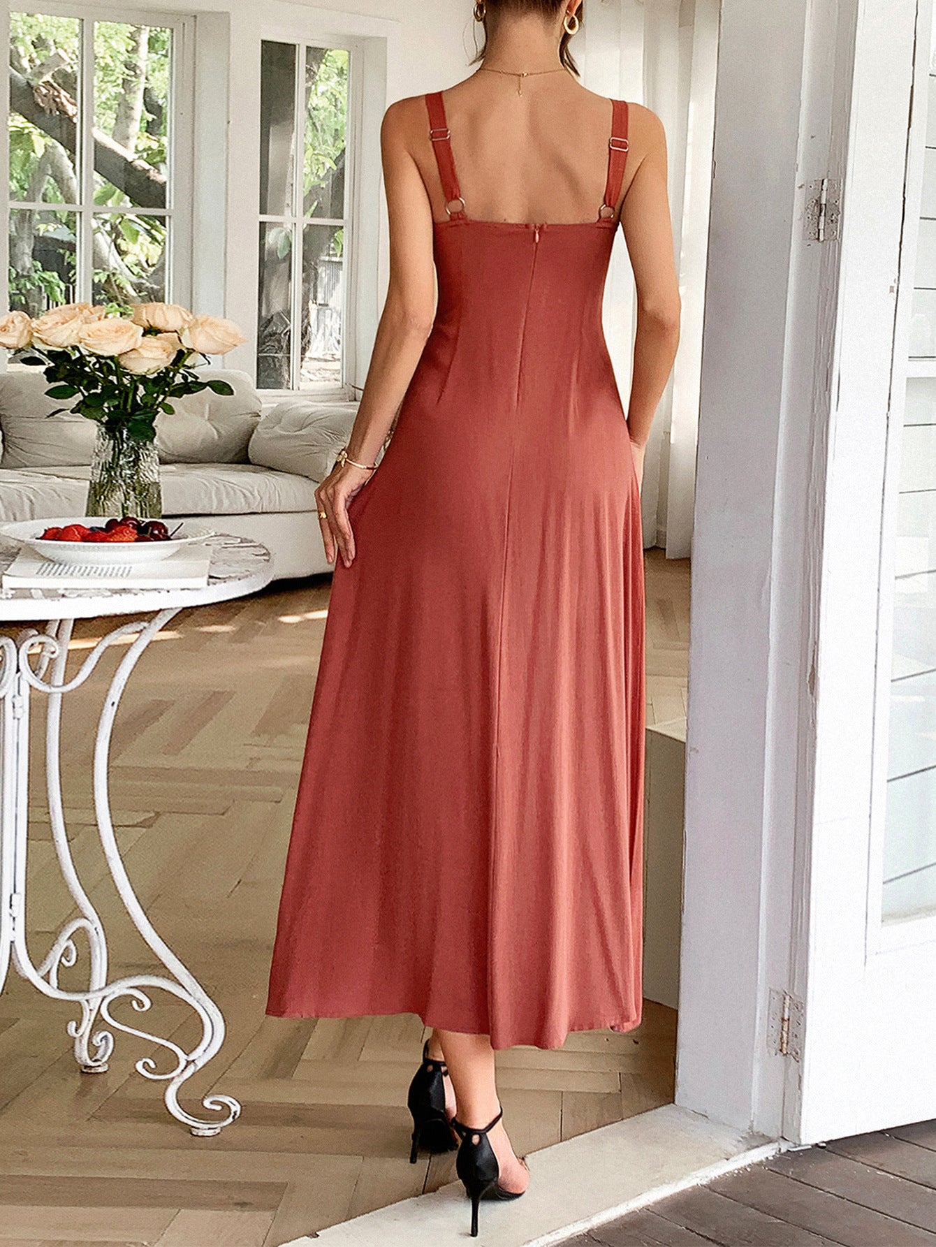 Elegant Straps Sleeveless Ankle length Square Neckline Rust Wedding Guest Dress