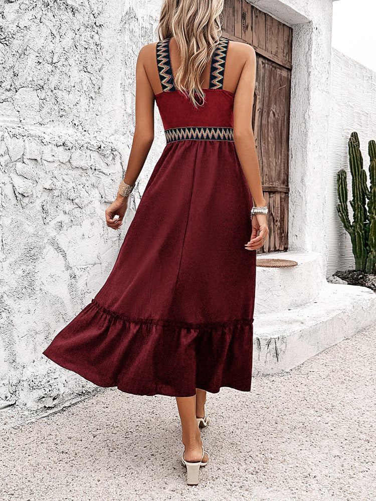 Boho Halter Sleeveless Burgundy Wedding Guest Dress with Split
