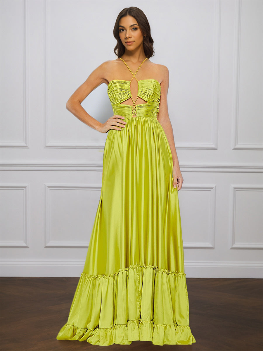 Cicinia Lime Green Prom Dress with Spaghetti Straps Ruched Soft Satin