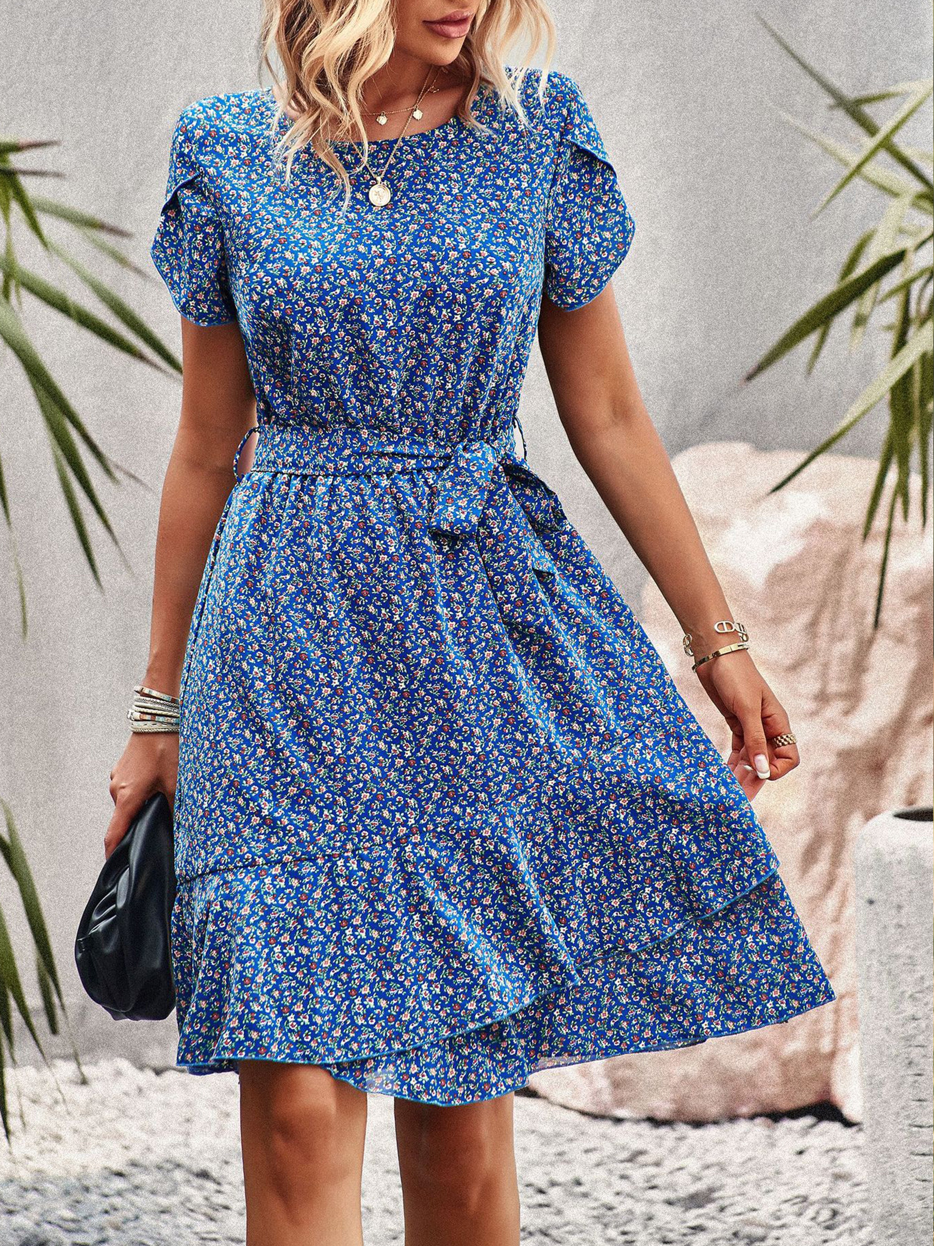 Floral Round Neck A Line Sleeves Blue Strappy Waisted Wedding Guest Dress