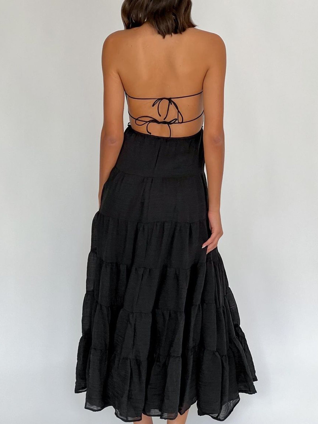 Halter Black Sleeveless Ankle length Wedding Guest Dress with Open Back