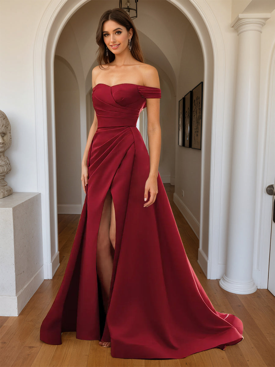 Cicinia Burgundy Prom Dresses Soft Satin Off The Shoulder Sheath/Column Long Party Dress