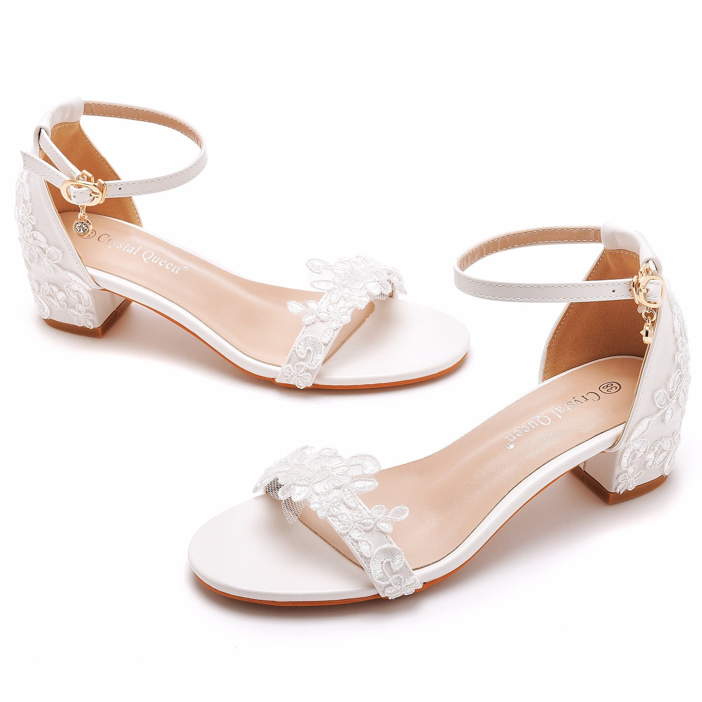 Open Toe White Lace Flowers Block Heels Ankle-Strap Pumps