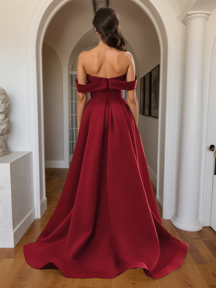 Cicinia Burgundy Prom Dresses Soft Satin Off The Shoulder Sheath/Column Long Party Dress