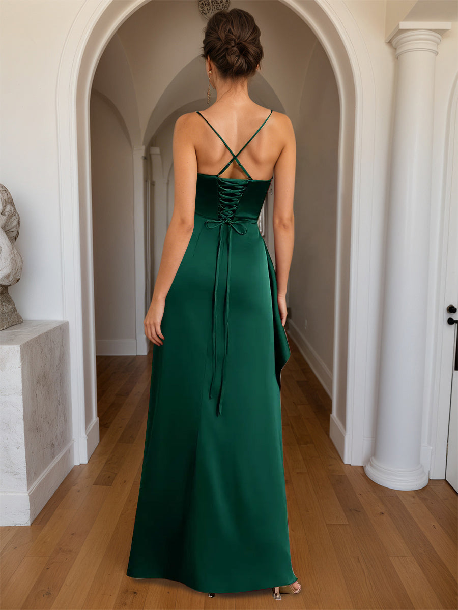 Cicinia Dark Green Prom Dresses Sheath Square Neckline Spaghetti Straps Slit Floor Length Long Prom