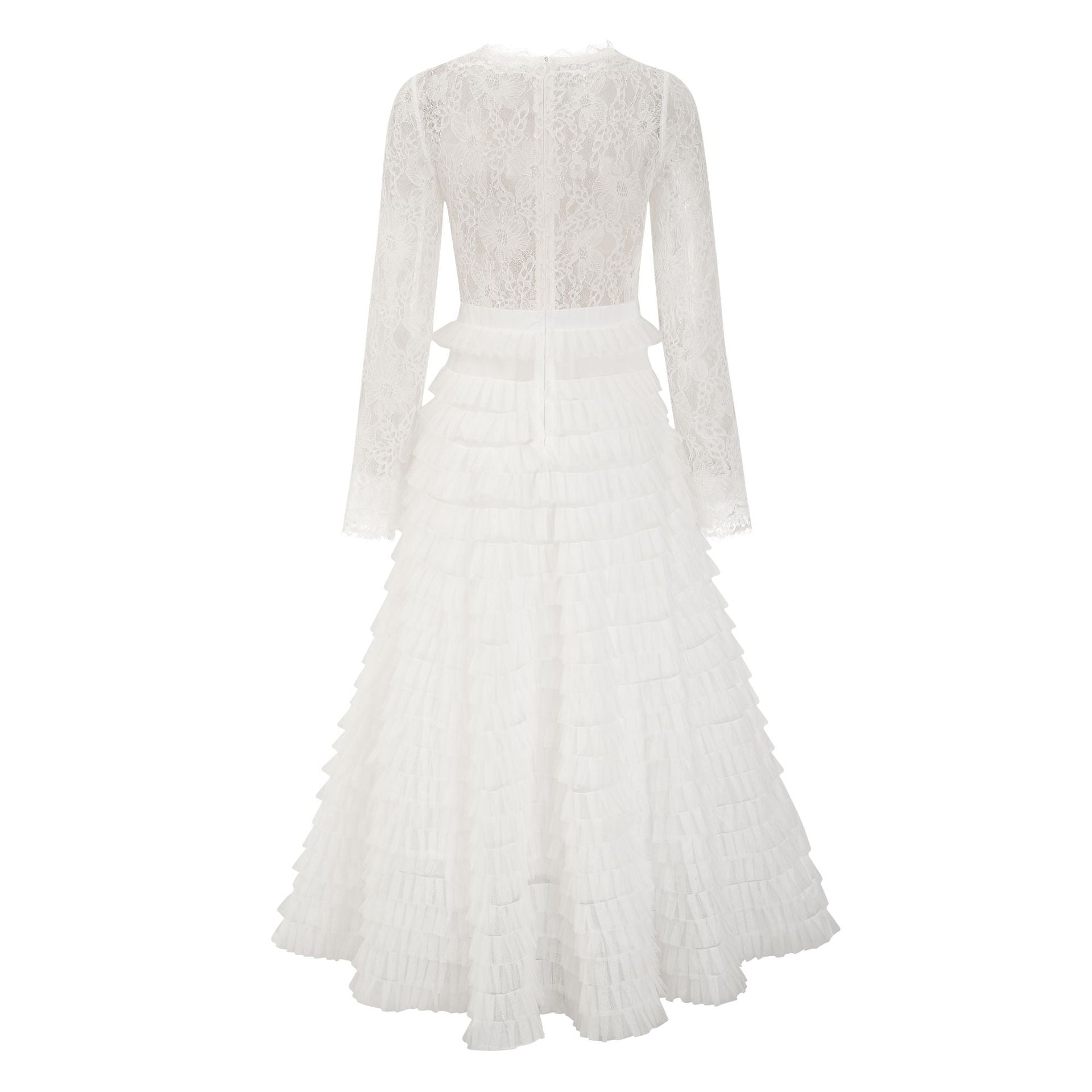 Illusion A Line White Lace Top Long Sleeves Long Prom Dress