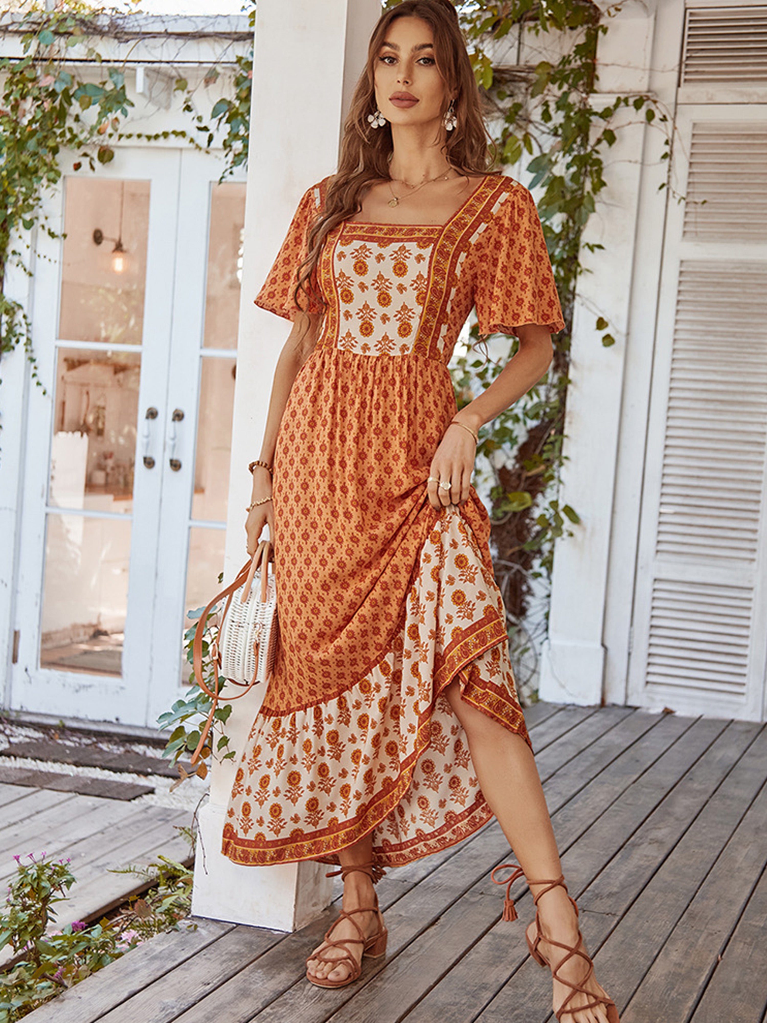 Floral Square Neckline Short Sleeves Orange Ankle Length Wedding Guest Dress
