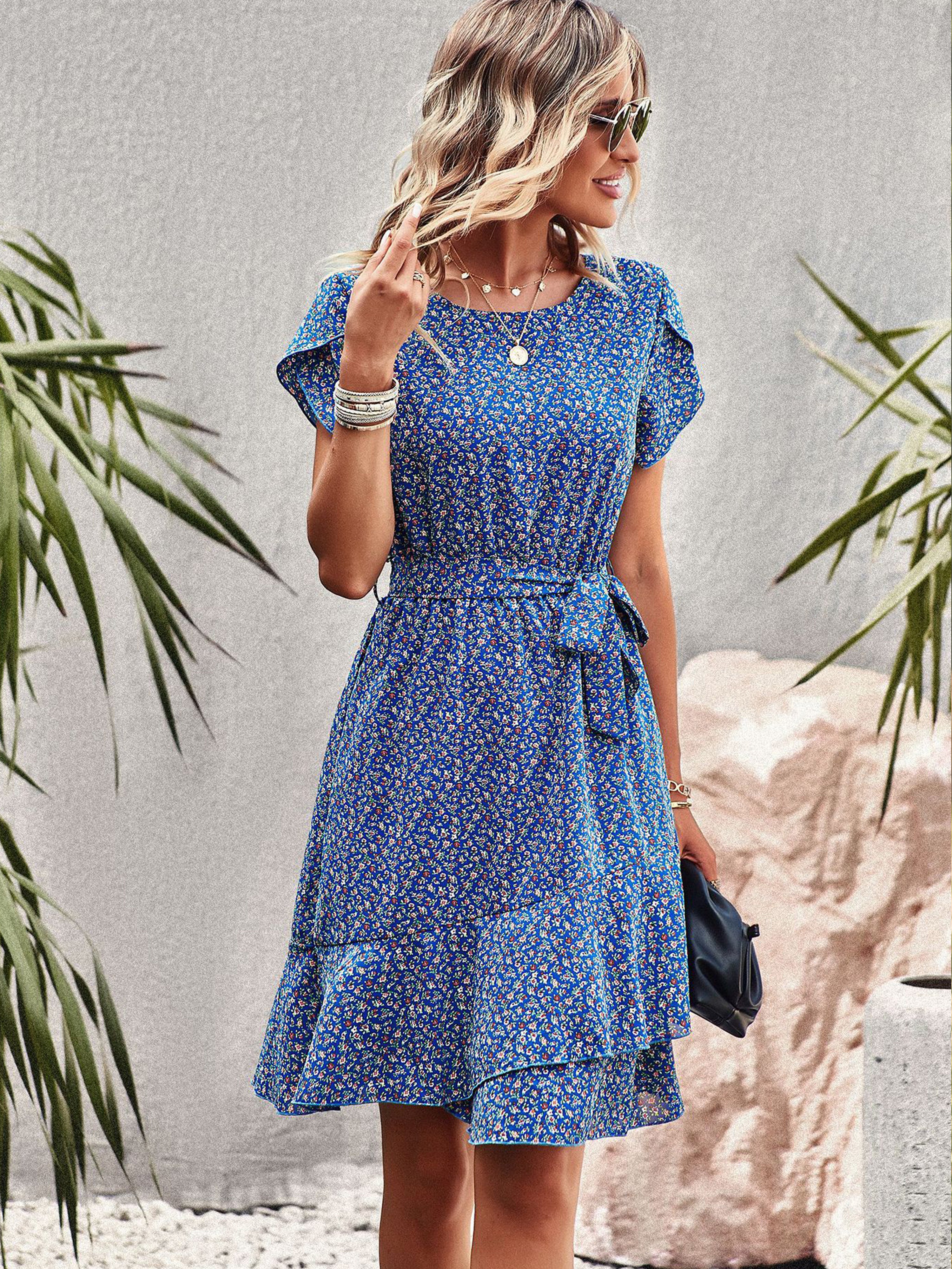 Floral Round Neck A Line Sleeves Blue Strappy Waisted Wedding Guest Dress