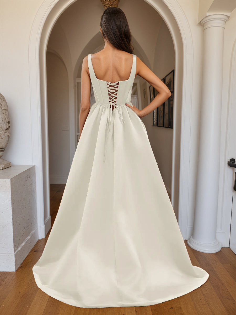 Cicinia Ivory Prom Dresses Satin A-Line with Square Neckline Split Party Gowns