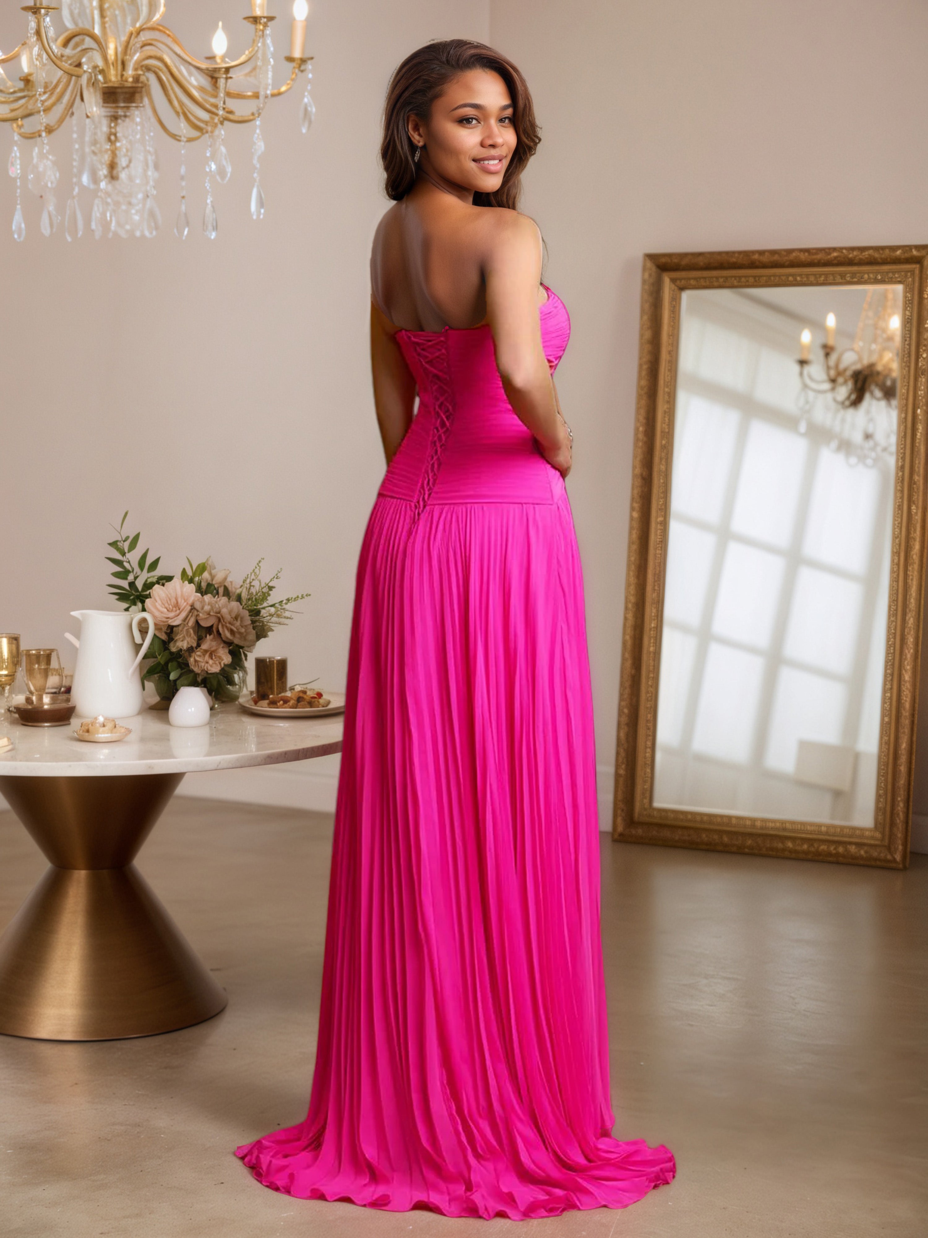 Twist Front Strapless Pleats Fuchsia Sweep/Brush Train Prom Dress with Split
