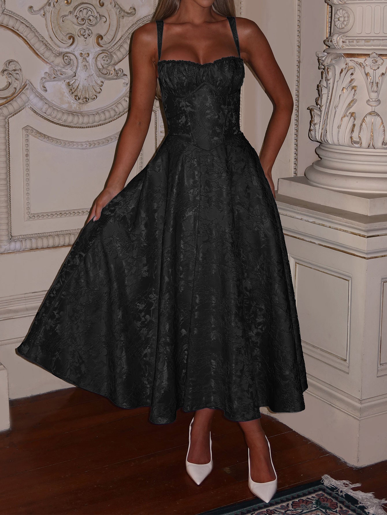 Elegant Straps Illusion Neckline Black Floral Wedding Guest Dress