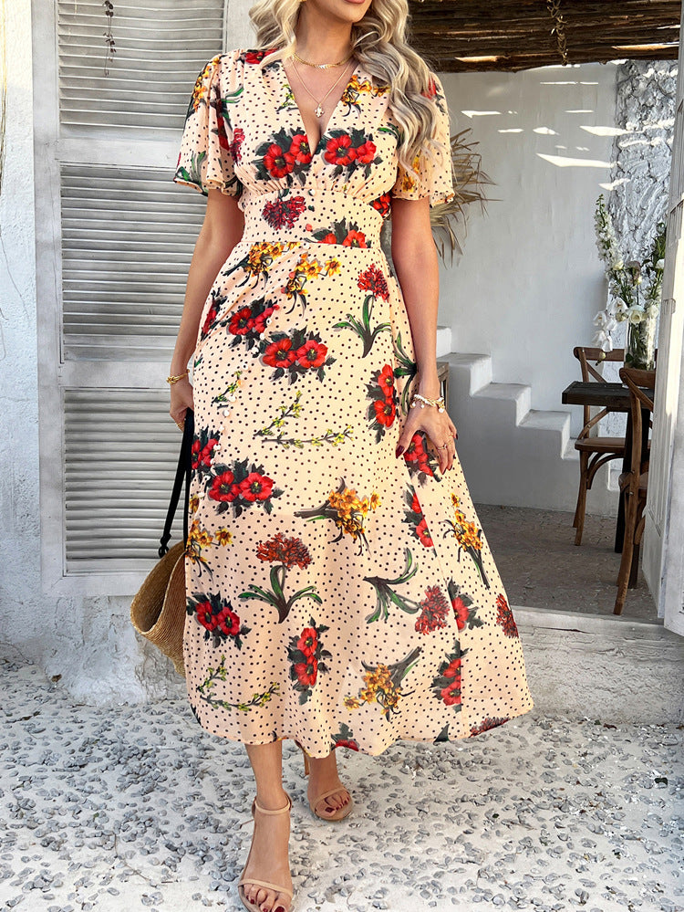 Daffodil Sexy Deep V Chiffon Printed Floral Short Sleeves Wedding Guest Dress