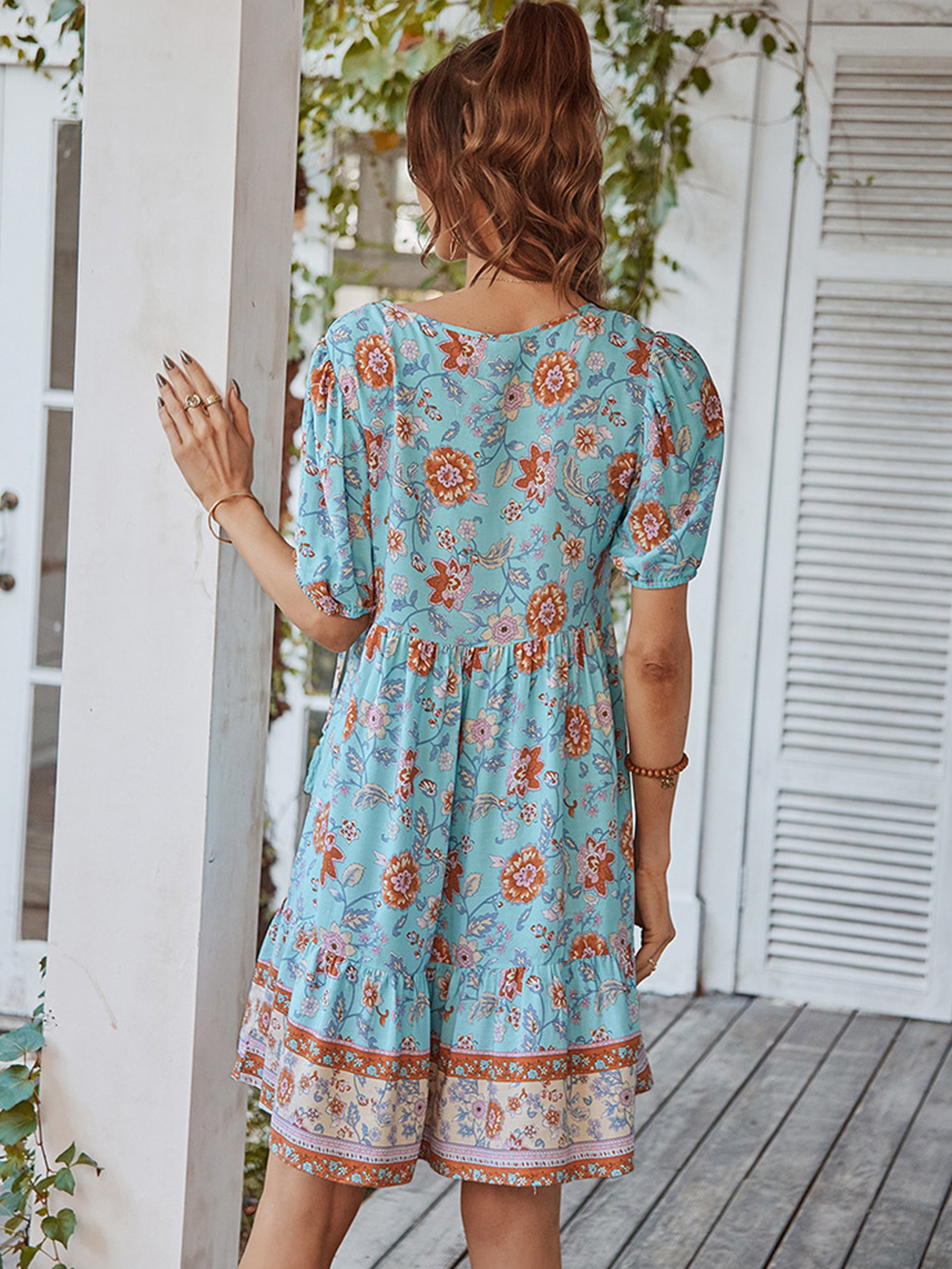 Sky Blue V Neck Casual Boho Short Sleeves Wedding Guest Dress