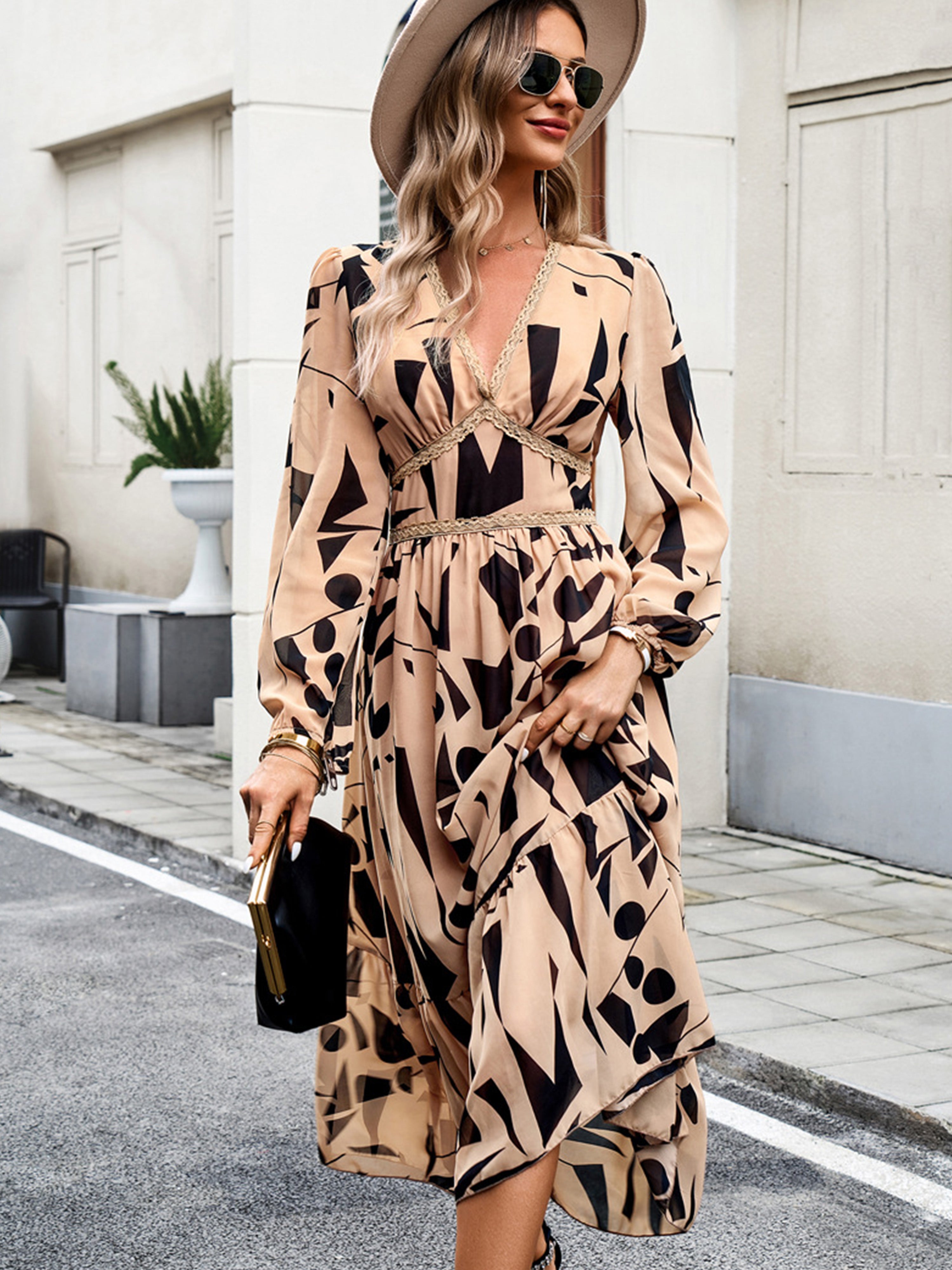 Elegant A Line V Neck Long Sleeves Floral Light Brown Wedding Guest Dress