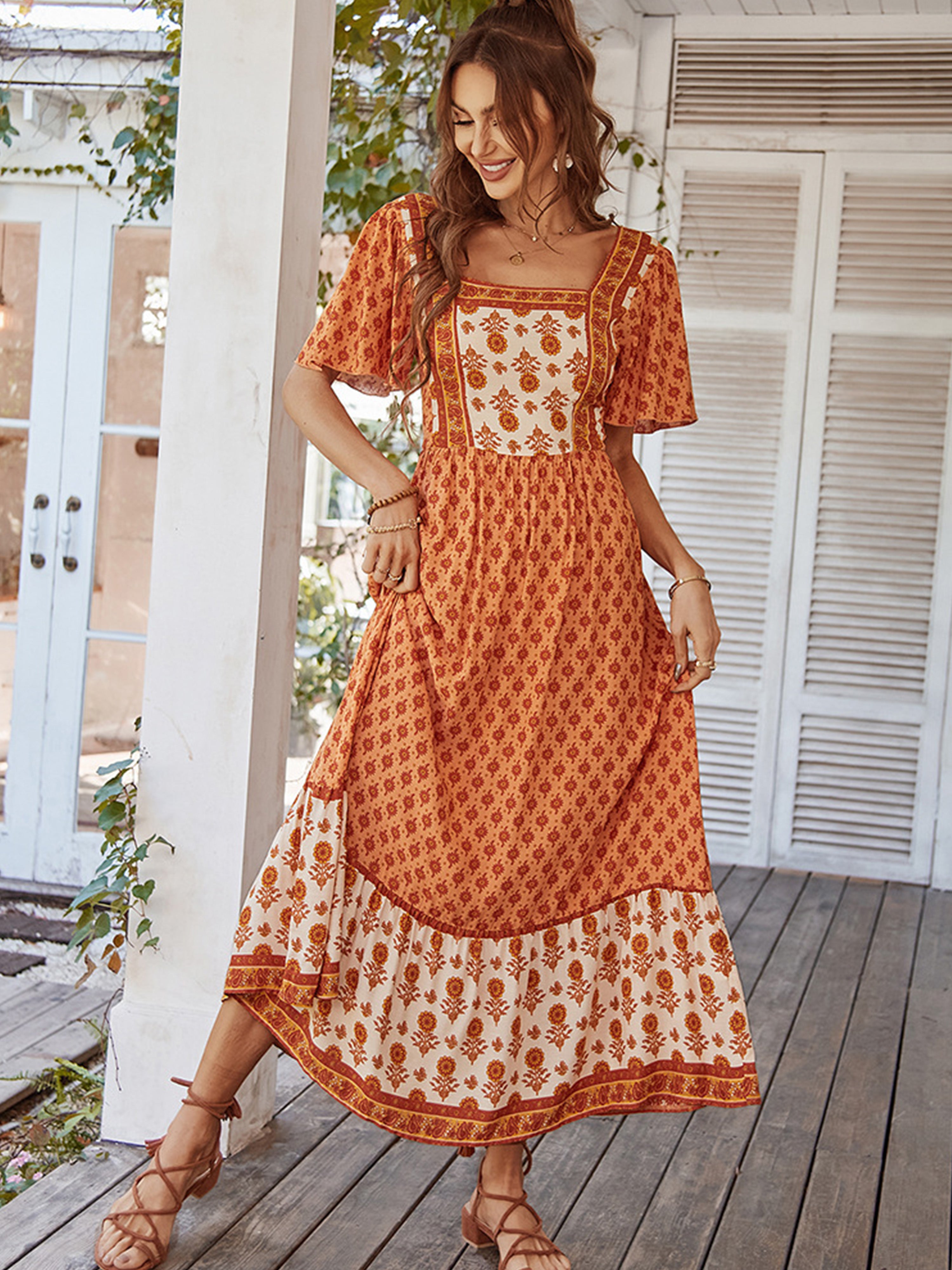 Floral Square Neckline Short Sleeves Orange Ankle Length Wedding Guest Dress