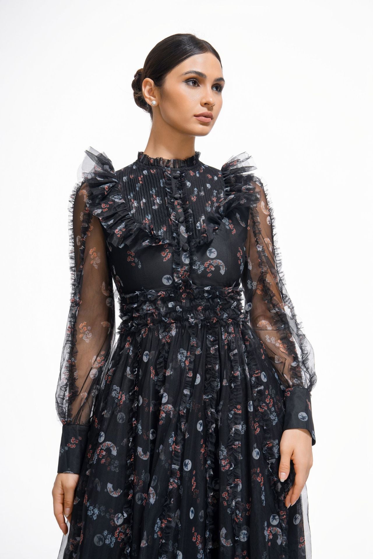 Elegant Black Ruffled Long Sleeve Floral Maxi Prom Dress