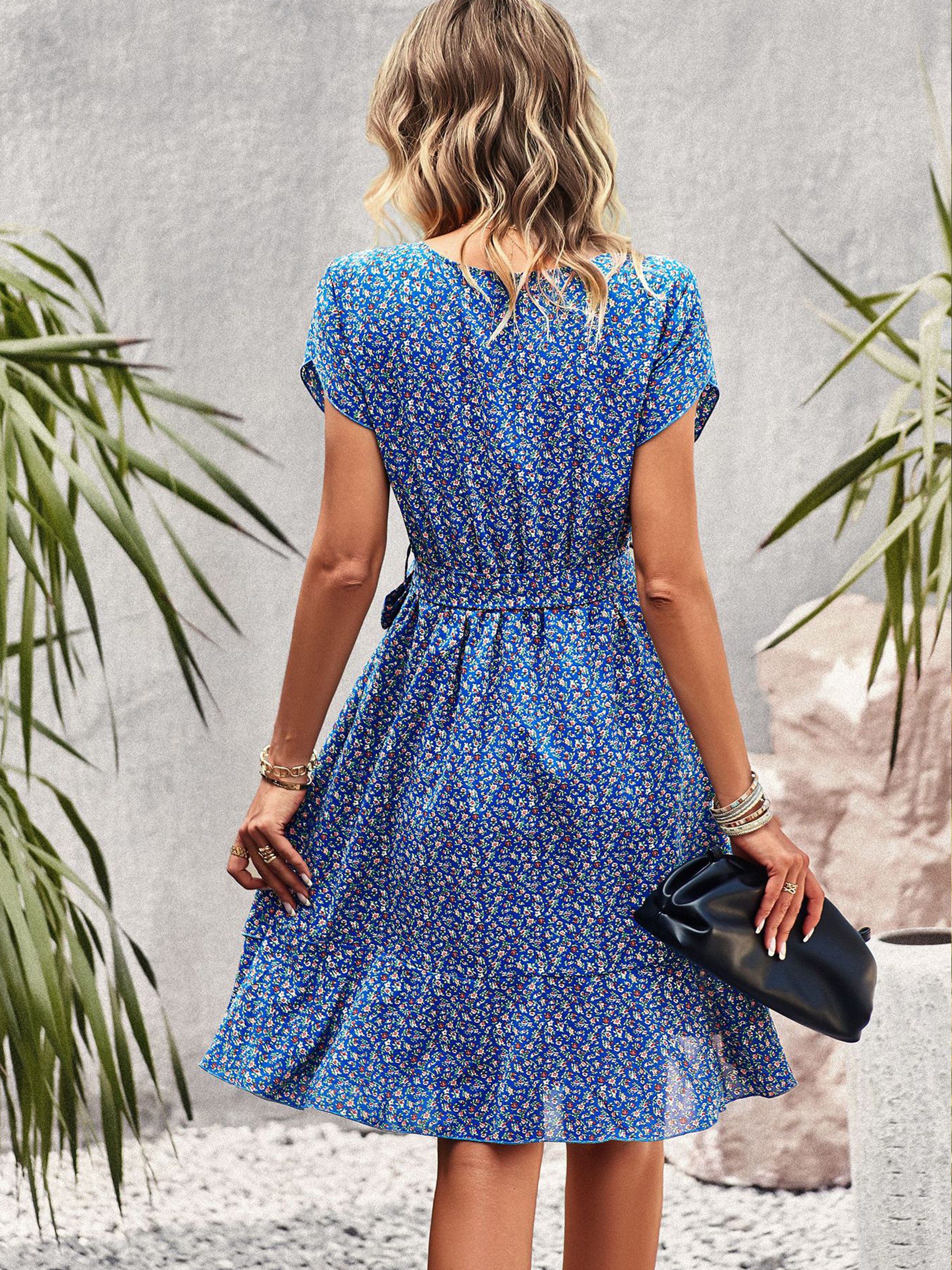 Floral Round Neck A Line Sleeves Blue Strappy Waisted Wedding Guest Dress