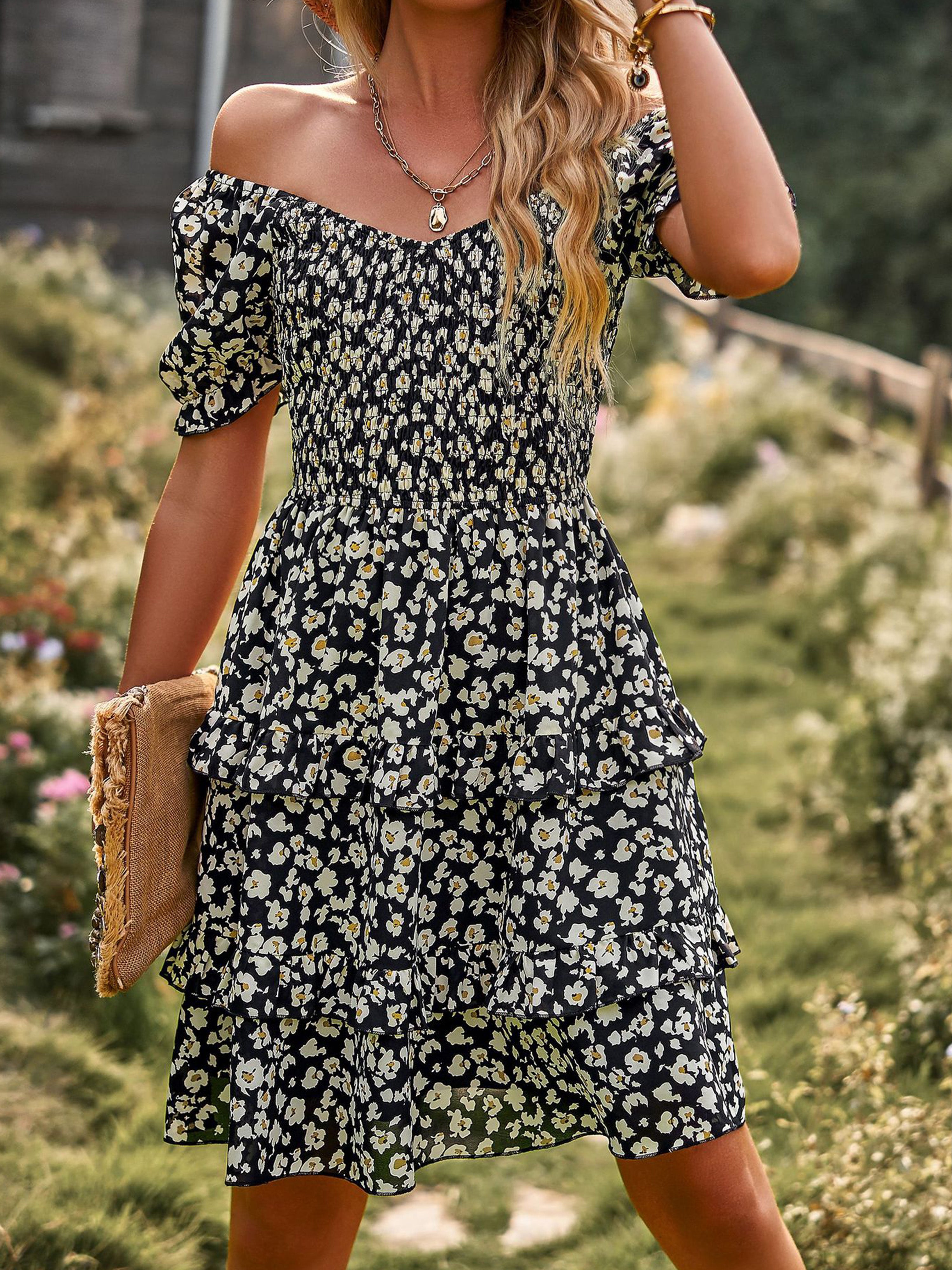 Black Floral Off The Shoulder Short Sleeves Layers Wedding Guest Dress