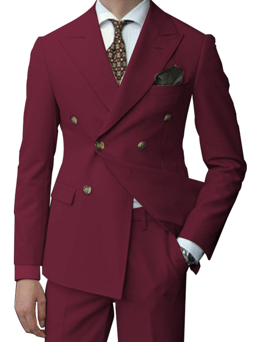 Pretty Double Breasted 2 Pieces Slim Fit Solid Color Burgundy Men's Suits