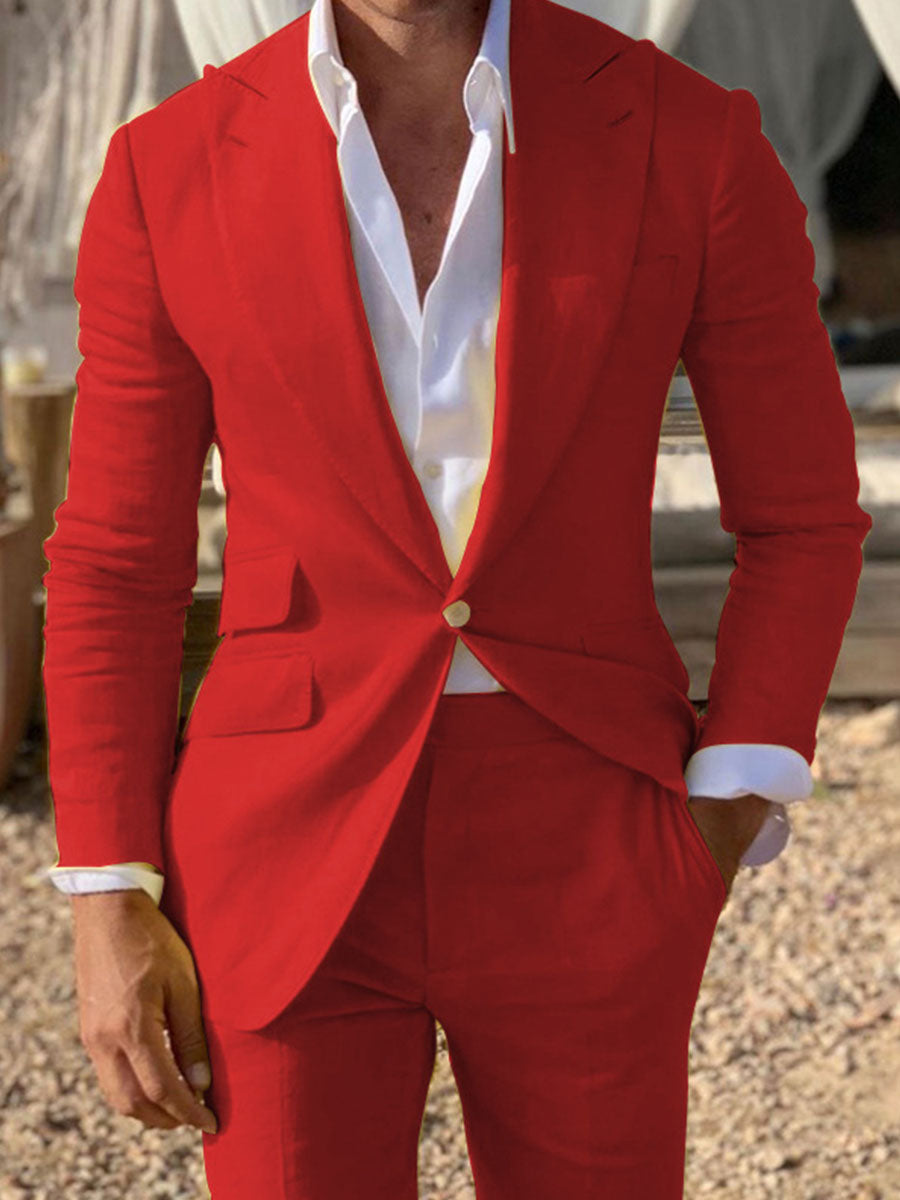 Red Modest Peak Lapel Slim Fit Men's Suits 2 Pieces Solid Color Wedding Suit